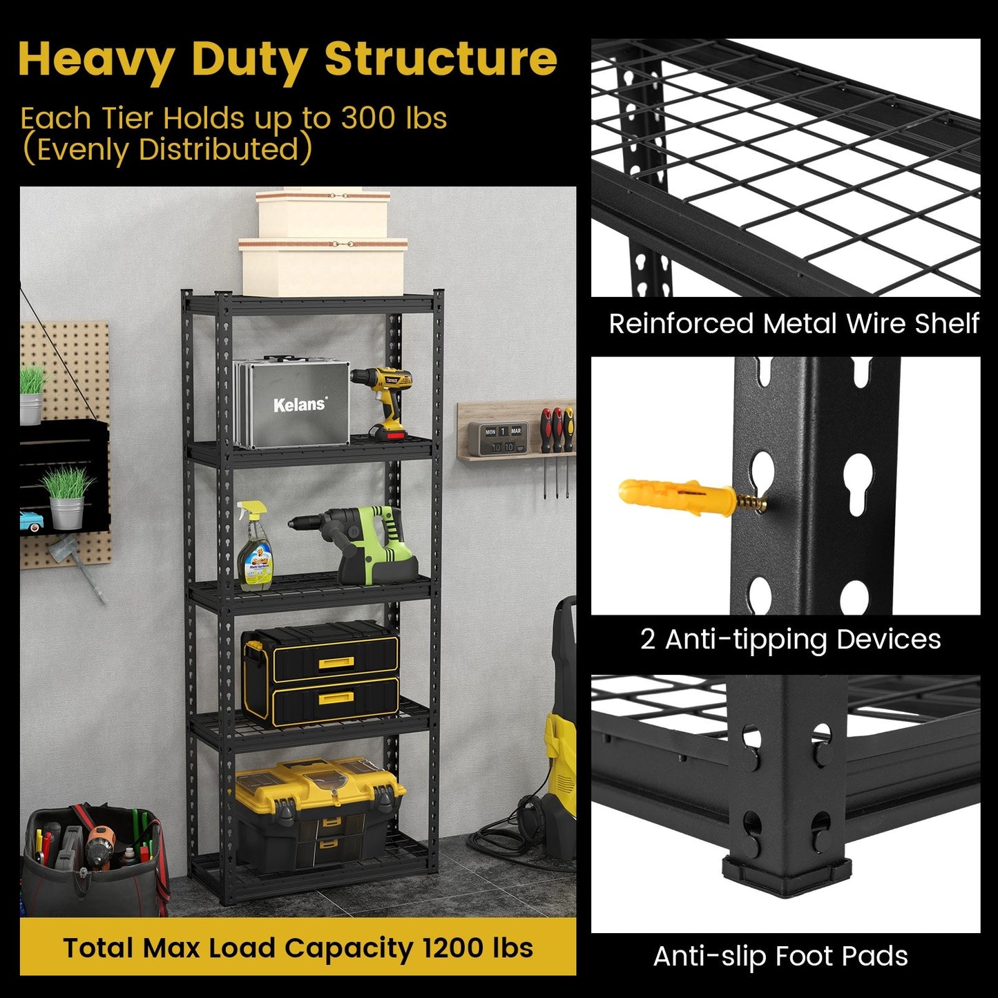 5-Tier Heavy Duty Wire Storage Racks with Anti-slip Foot Pad, Black Garages   at Gallery Canada