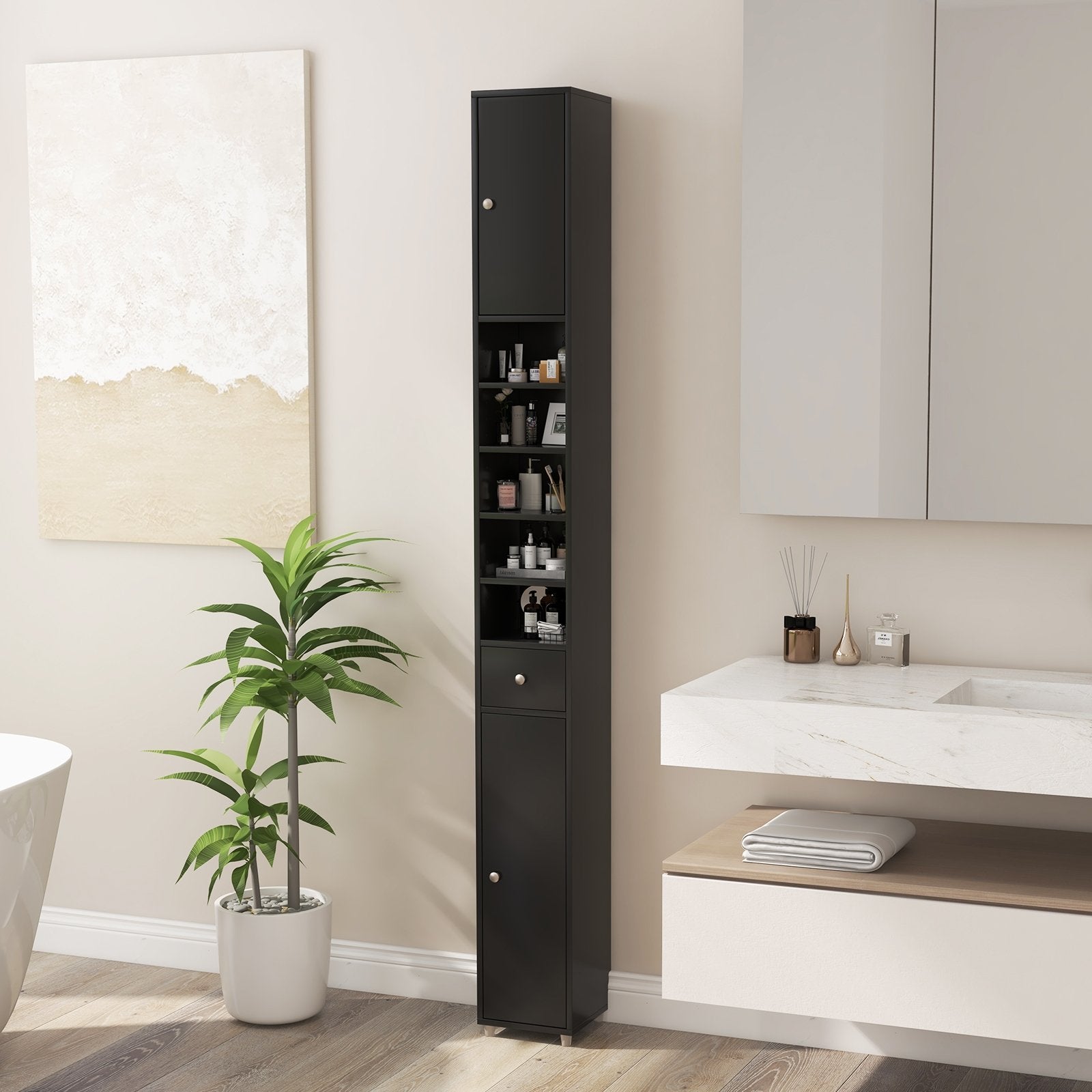 Freestanding Slim Bathroom Cabinet with Drawer and Adjustable Shelves, Black Floor Cabinets   at Gallery Canada