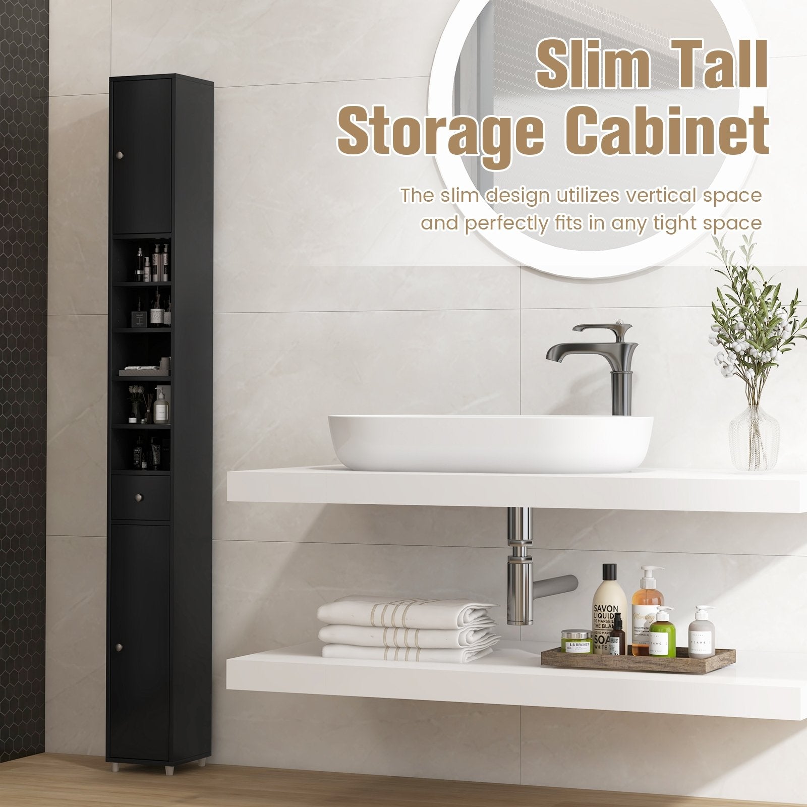 Freestanding Slim Bathroom Cabinet with Drawer and Adjustable Shelves, Black Floor Cabinets   at Gallery Canada