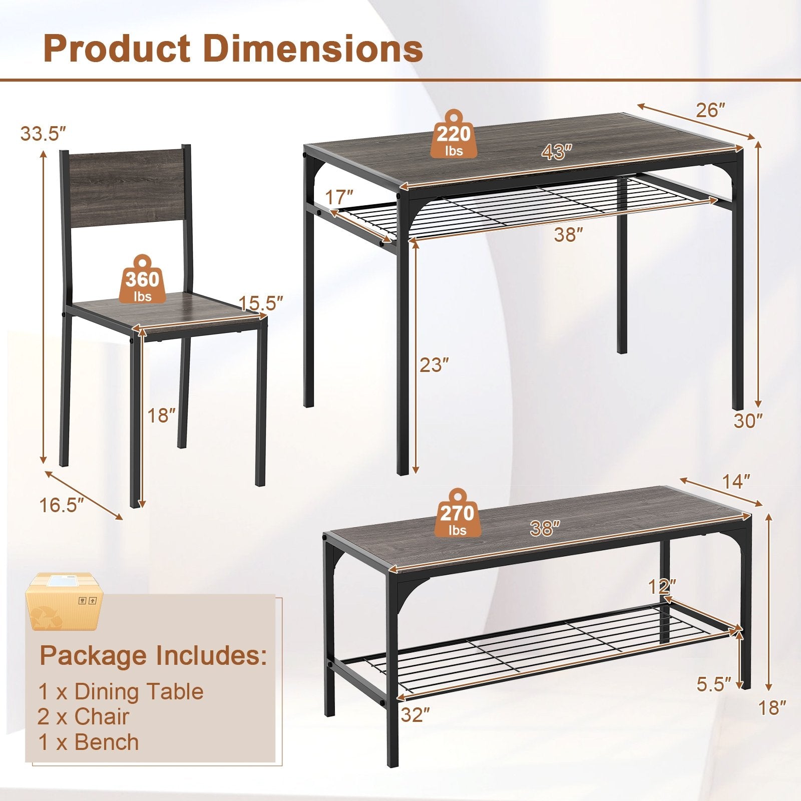 Industrial Style Rectangular Kitchen Table with Bench and Chairs, Gray Dining Room Sets   at Gallery Canada