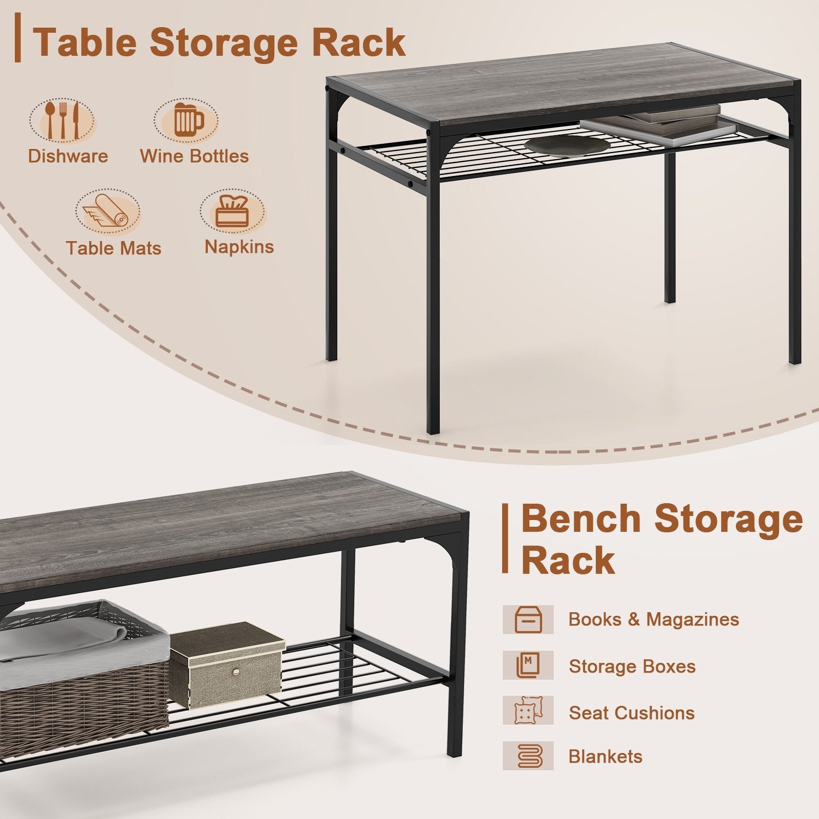 Industrial Style Rectangular Kitchen Table with Bench and Chairs, Gray Dining Room Sets   at Gallery Canada