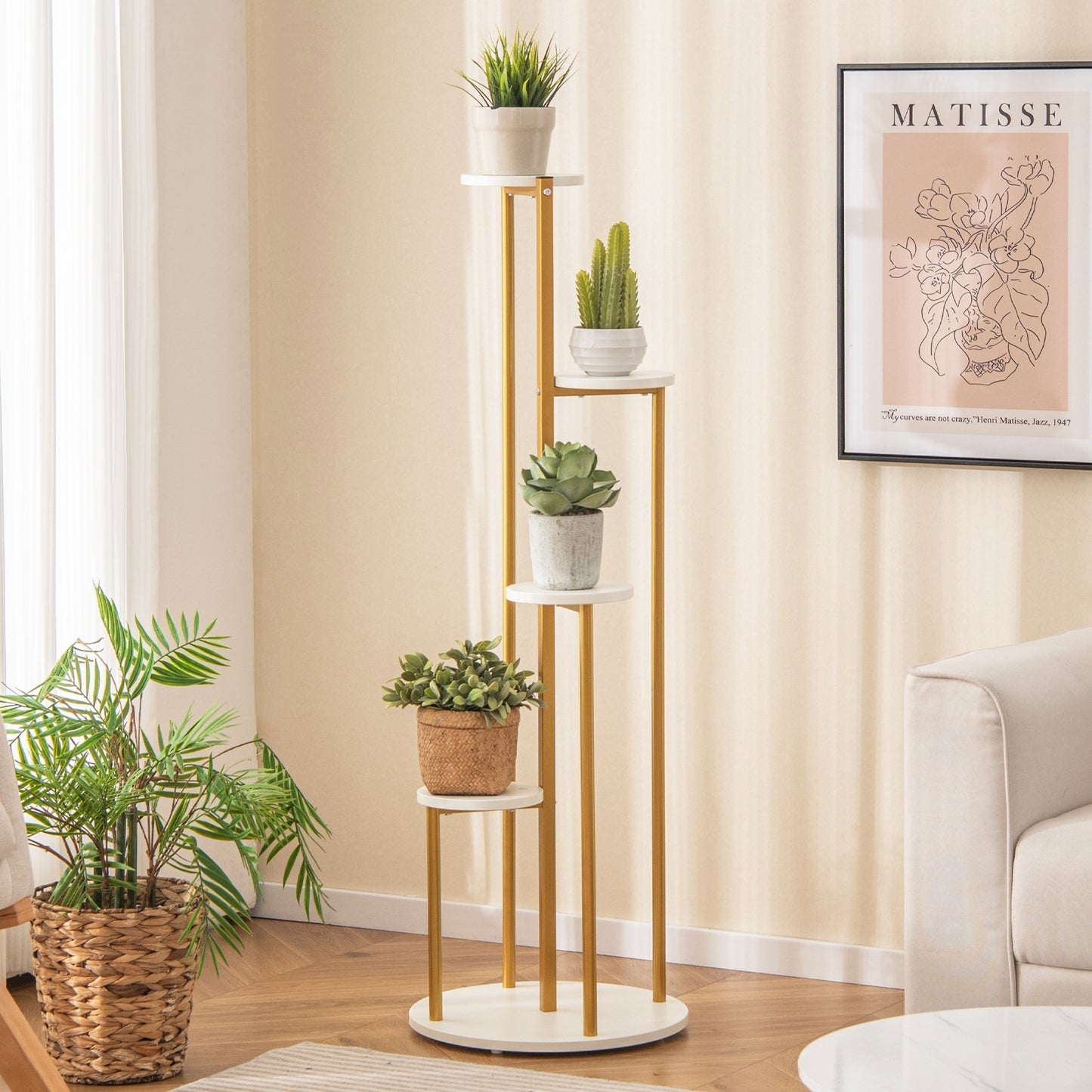 Indoor Metal Plant Stand Corner Plant Shelf for Potted Plant with Golden Metal Frame, White Plant Stands   at Gallery Canada