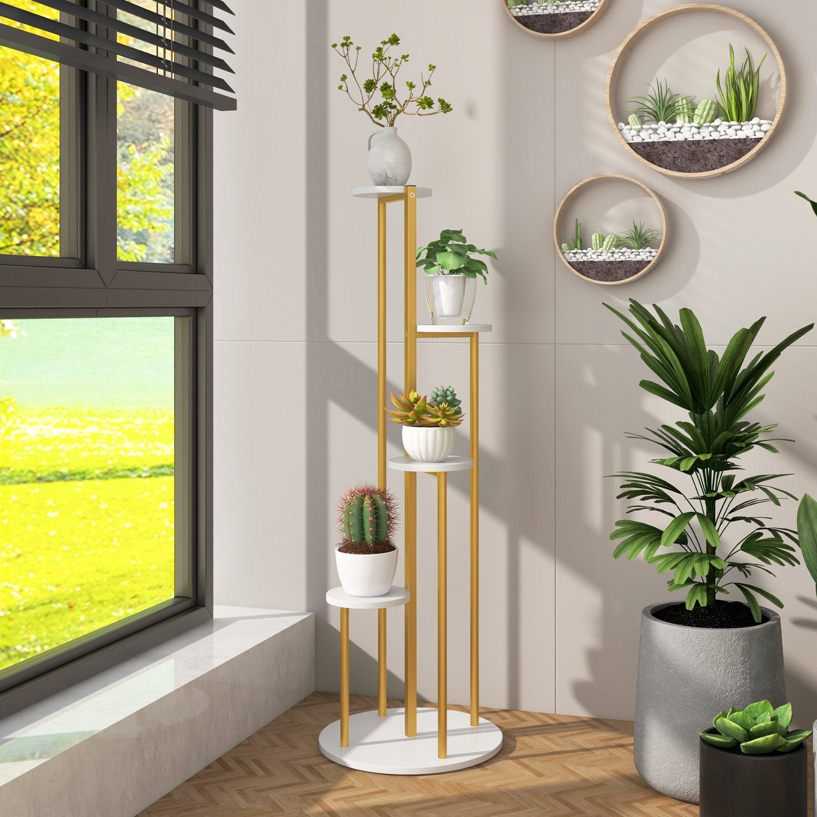 Indoor Metal Plant Stand Corner Plant Shelf for Potted Plant with Golden Metal Frame, White Plant Stands   at Gallery Canada