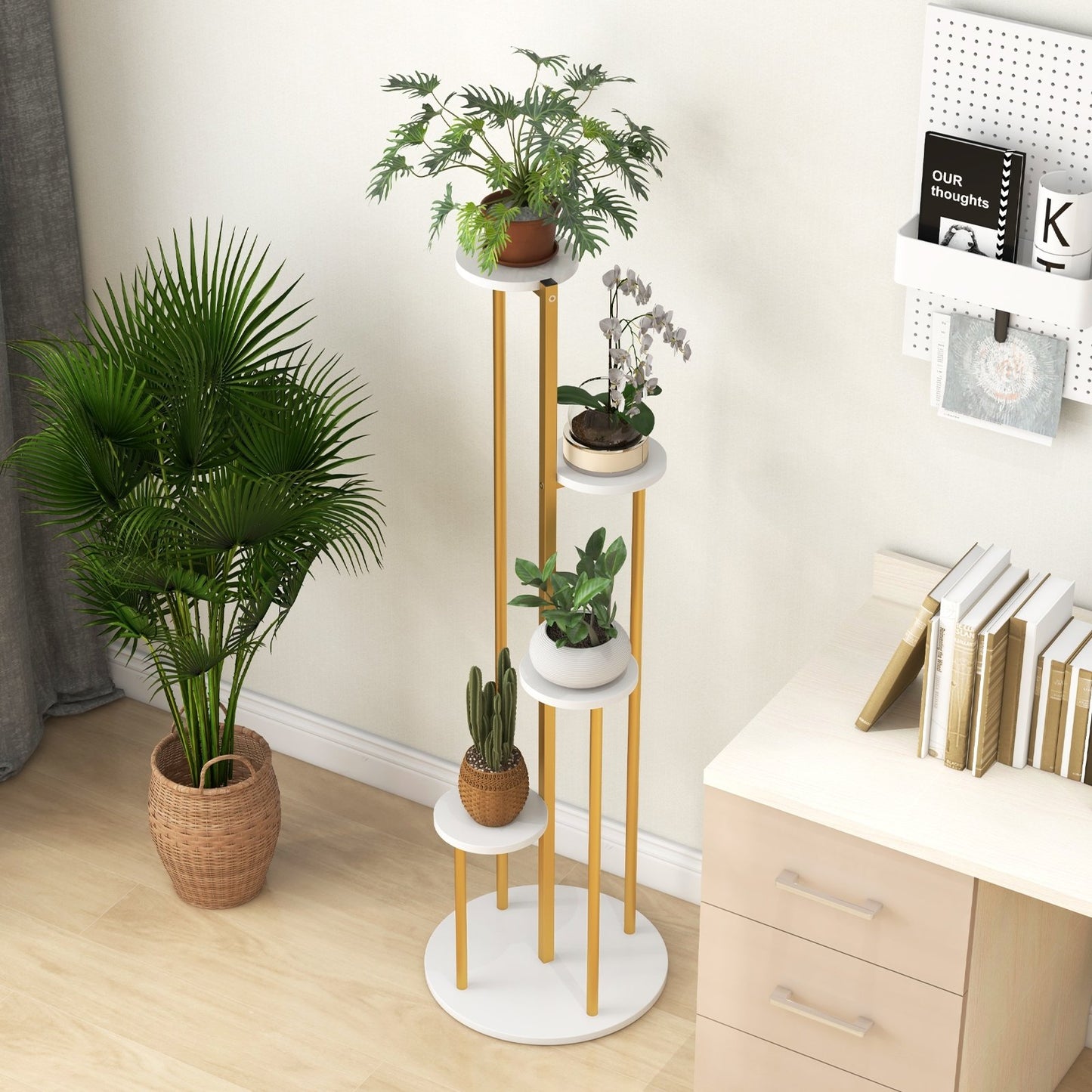 Indoor Metal Plant Stand Corner Plant Shelf for Potted Plant with Golden Metal Frame, White Plant Stands   at Gallery Canada