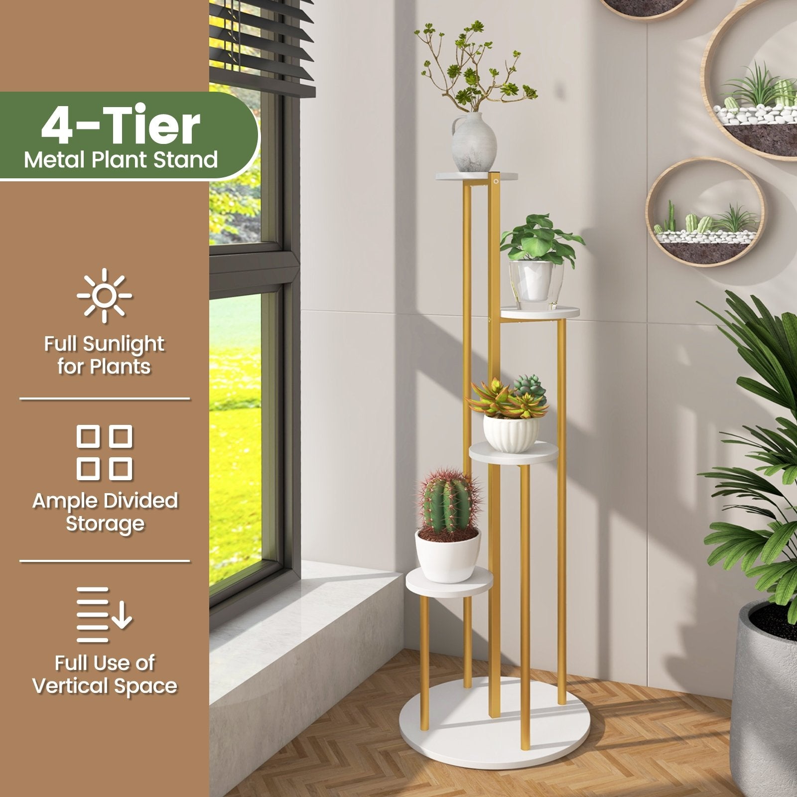 Indoor Metal Plant Stand Corner Plant Shelf for Potted Plant with Golden Metal Frame, White Plant Stands   at Gallery Canada