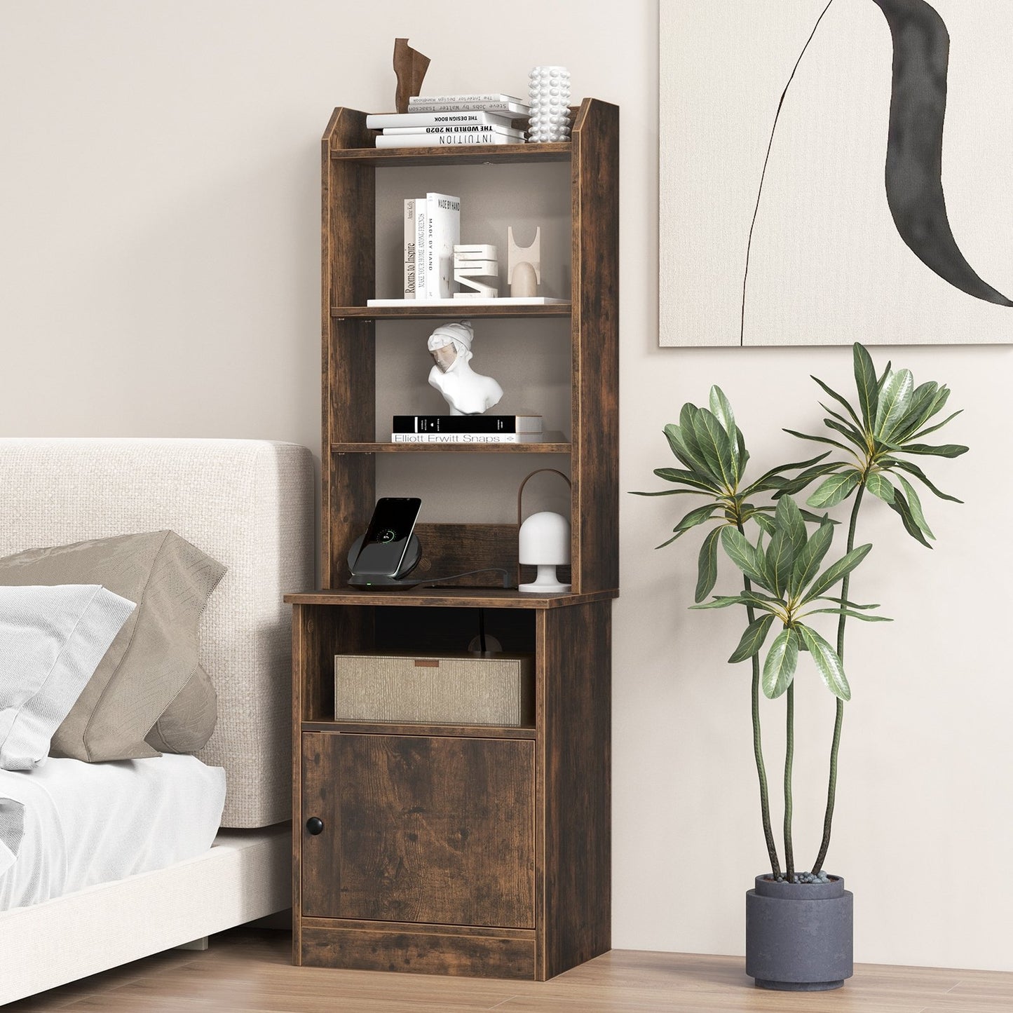 Bedside Tables Tall Nightstands with 5 Open Shelf and Cabinet, Rustic Brown Bookcases   at Gallery Canada