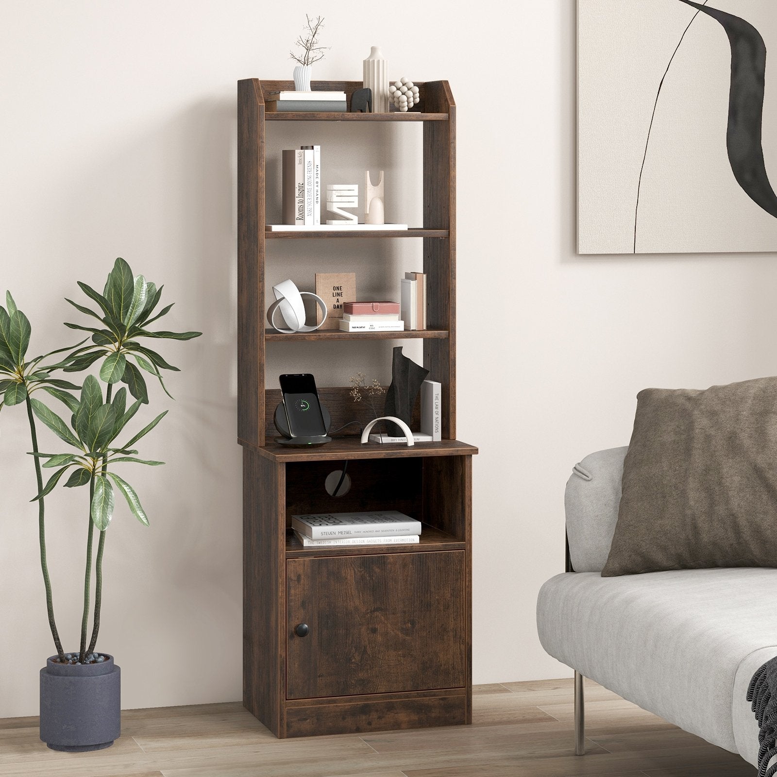 Bedside Tables Tall Nightstands with 5 Open Shelf and Cabinet, Rustic Brown Bookcases   at Gallery Canada