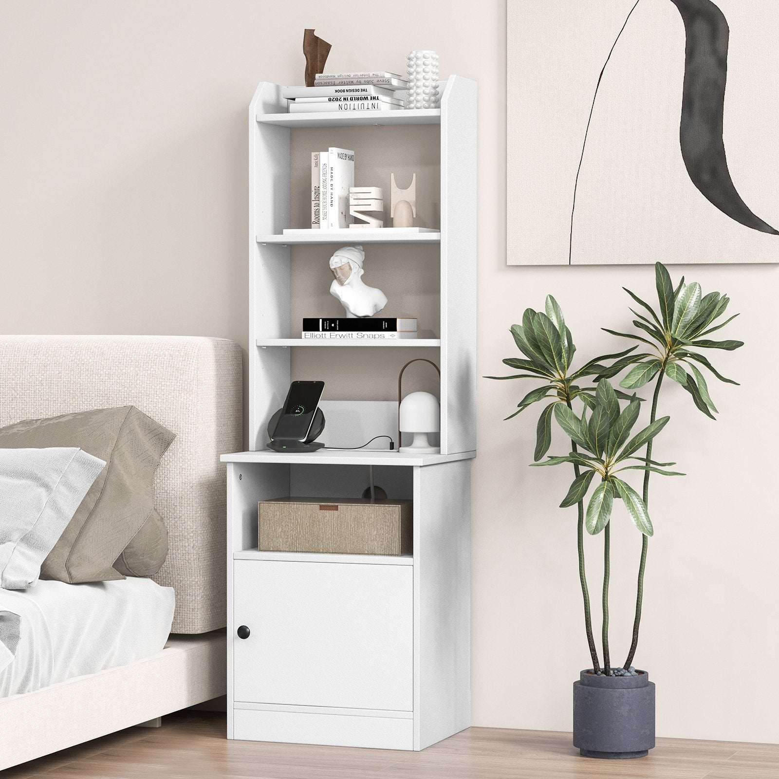 Bedside Tables Tall Nightstands with 5 Open Shelf and Cabinet, White Bookcases   at Gallery Canada