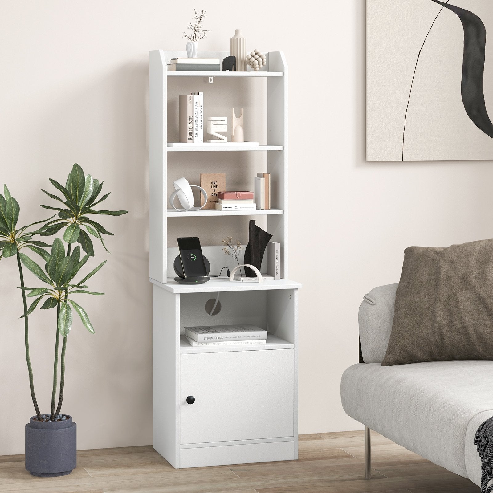 Bedside Tables Tall Nightstands with 5 Open Shelf and Cabinet, White Bookcases   at Gallery Canada