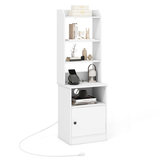 Bedside Tables Tall Nightstands with 5 Open Shelf and Cabinet, White - Gallery Canada