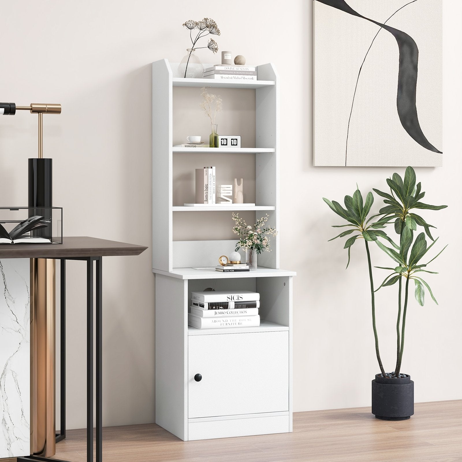 Bedside Tables Tall Nightstands with 5 Open Shelf and Cabinet, White Bookcases   at Gallery Canada