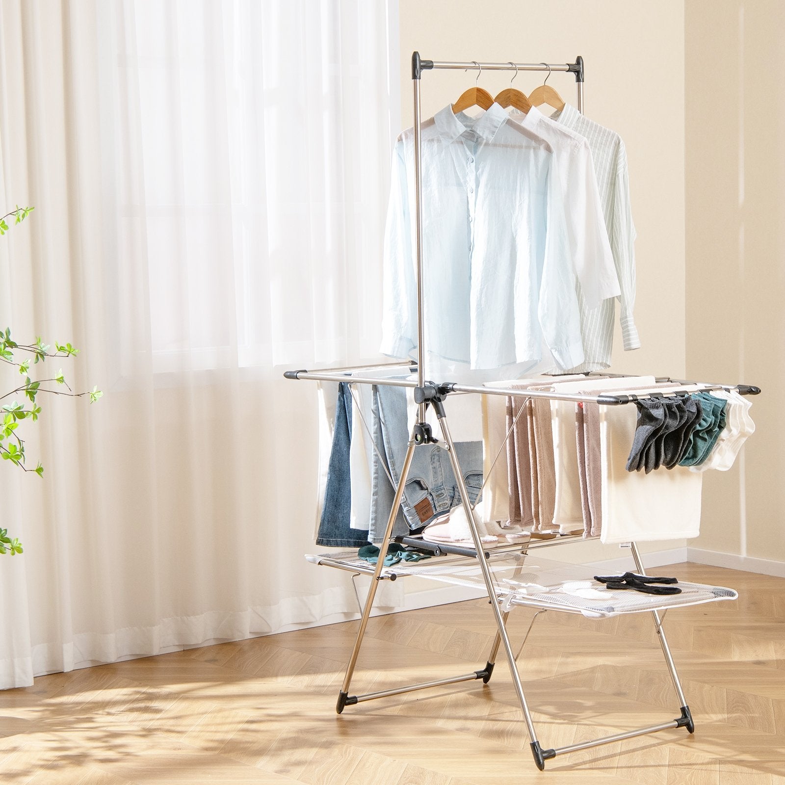 Large Foldable Clothes Drying Rack with Tall Hanging Bar, Silver Drying Racks   at Gallery Canada