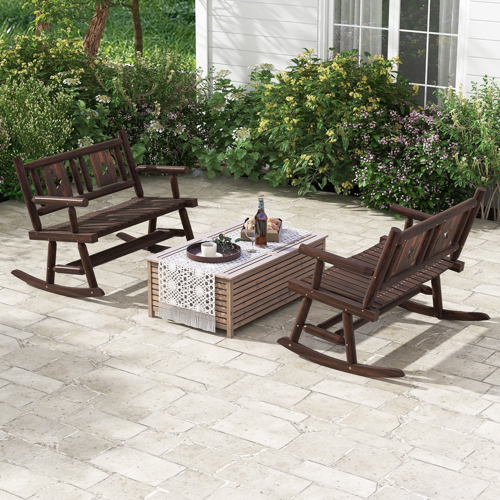 Patio Rocking Bench Double Rocker Chair with Ergonomic Seat 2-Person Loveseat, Rustic Brown Patio Rocking Chairs & Gliders   at Gallery Canada