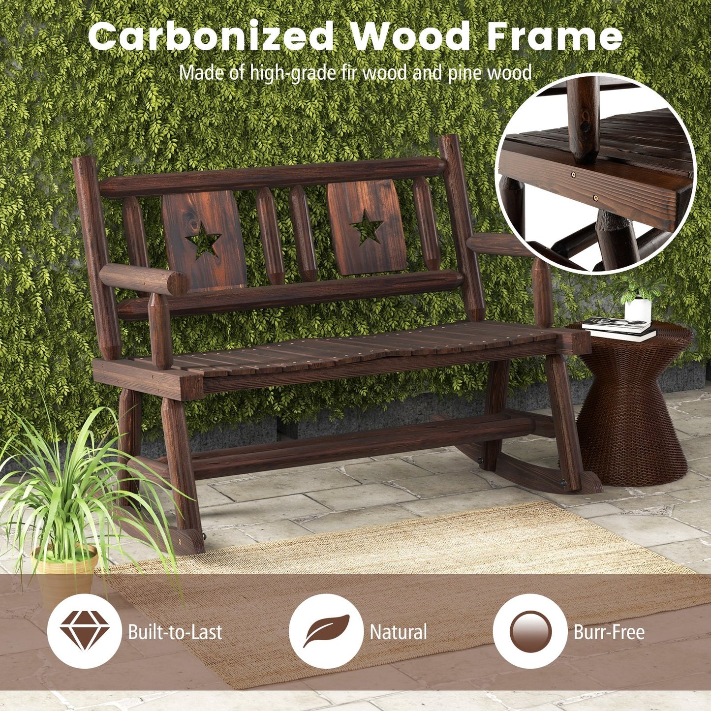 Patio Rocking Bench Double Rocker Chair with Ergonomic Seat 2-Person Loveseat, Rustic Brown Patio Rocking Chairs & Gliders   at Gallery Canada