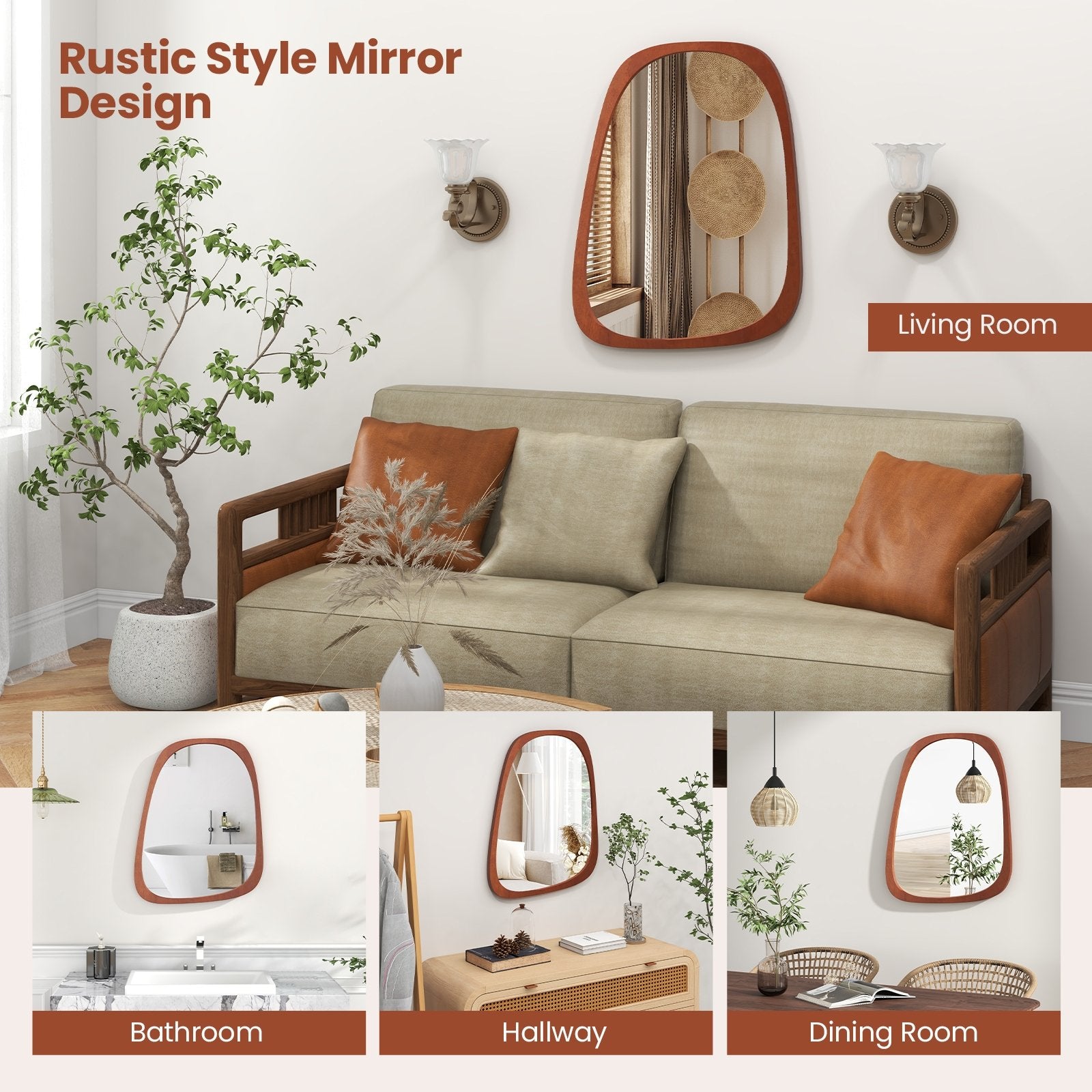 Asymmetrical Abstract Irregular Shaped Wall Mirror with Rustic Frame, Natural Wall Mirrors   at Gallery Canada