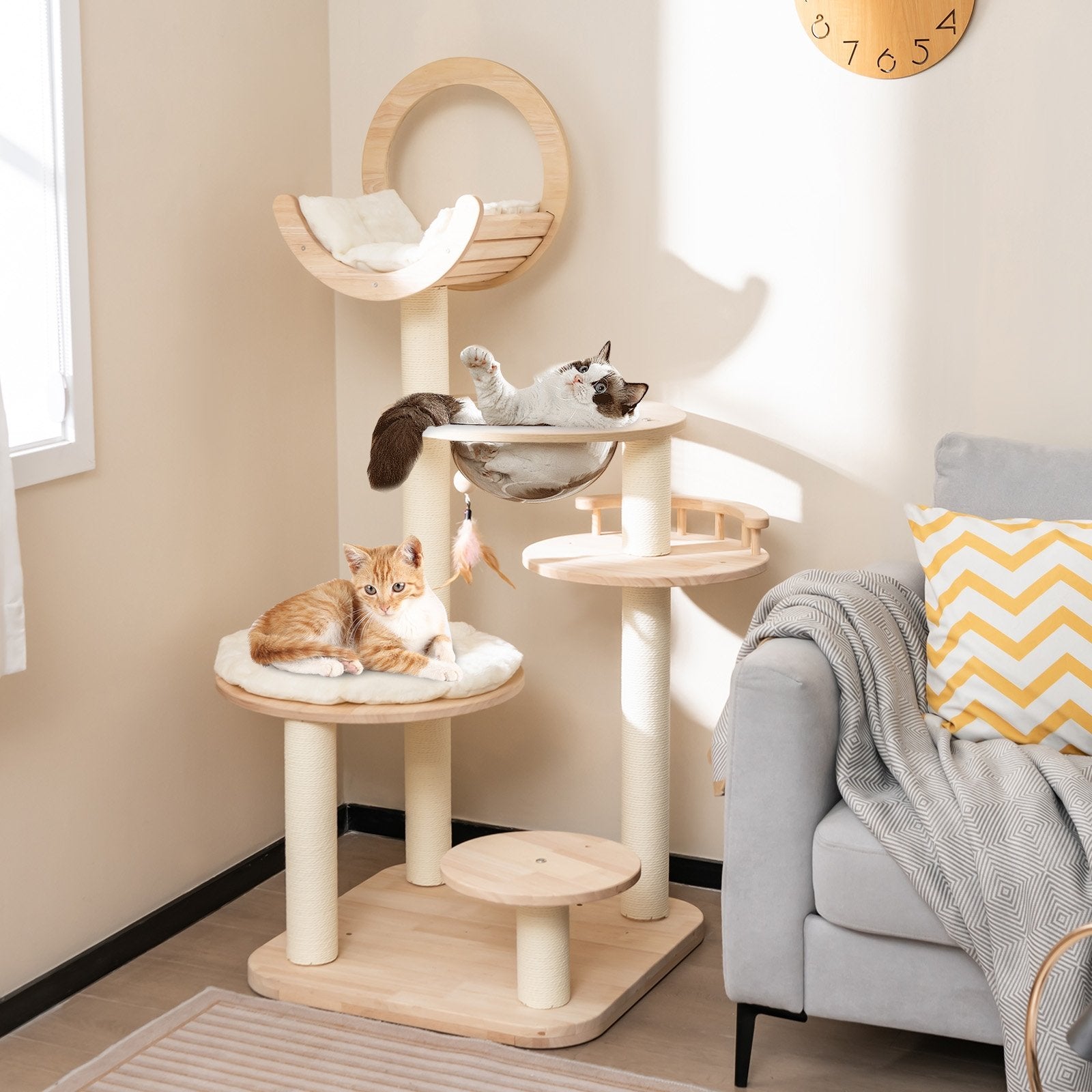 4-in-1 Large Wooden Cat Tower with Space Capsule Nest for Indoor Cats, Beige Cat Trees Condos & Scratchers   at Gallery Canada