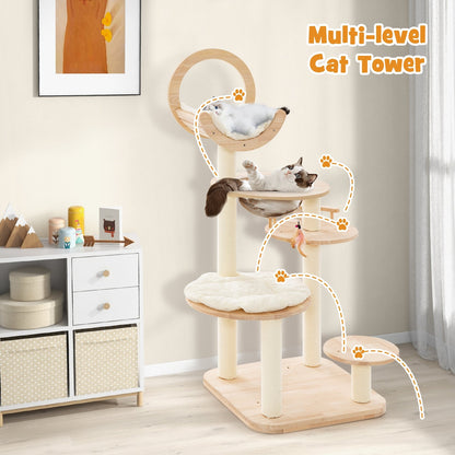 4-in-1 Large Wooden Cat Tower with Space Capsule Nest for Indoor Cats, Beige Cat Trees Condos & Scratchers   at Gallery Canada