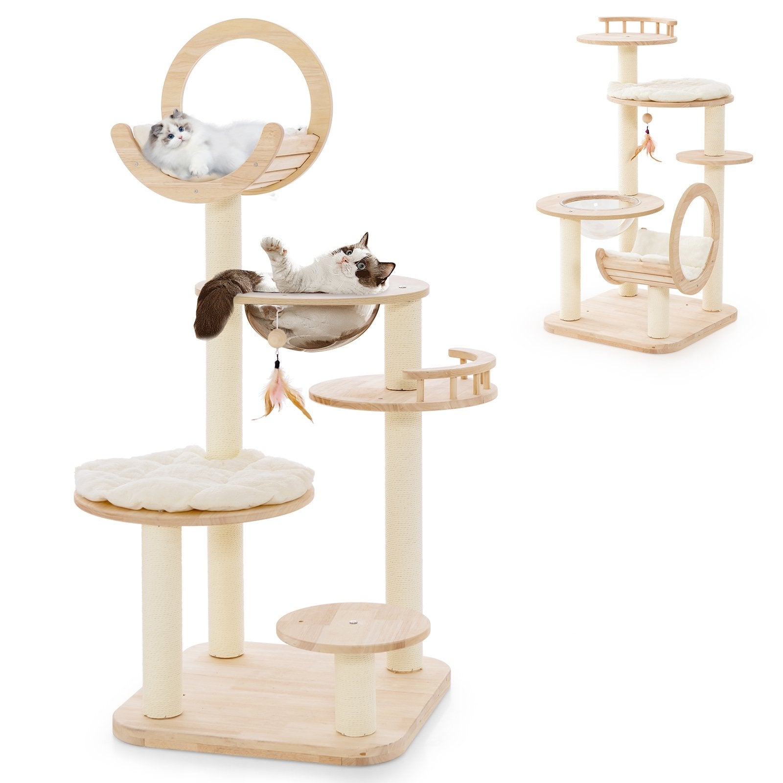 4-in-1 Large Wooden Cat Tower with Space Capsule Nest for Indoor Cats, Beige Cat Trees Condos & Scratchers   at Gallery Canada