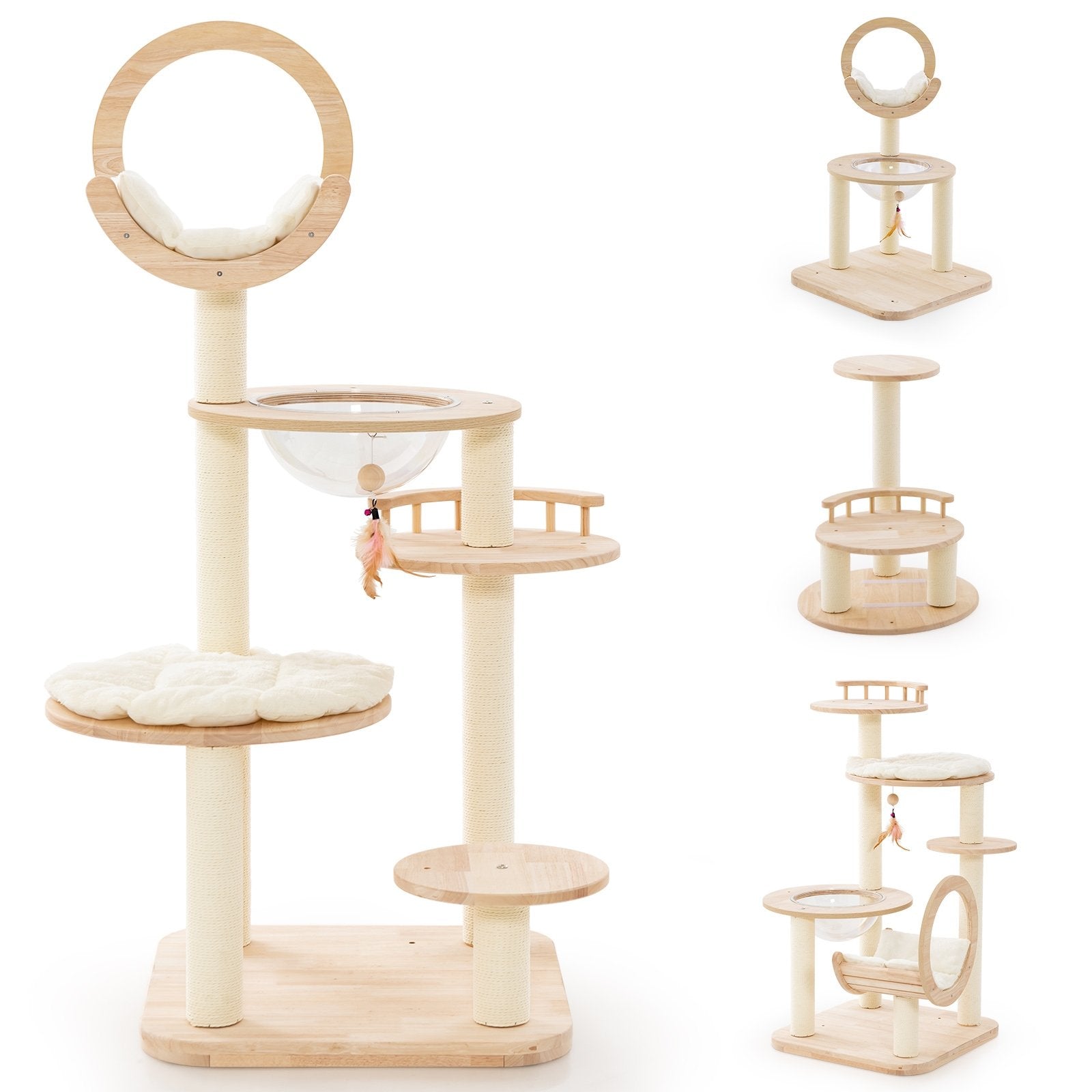 4-in-1 Large Wooden Cat Tower with Space Capsule Nest for Indoor Cats, Beige Cat Trees Condos & Scratchers   at Gallery Canada