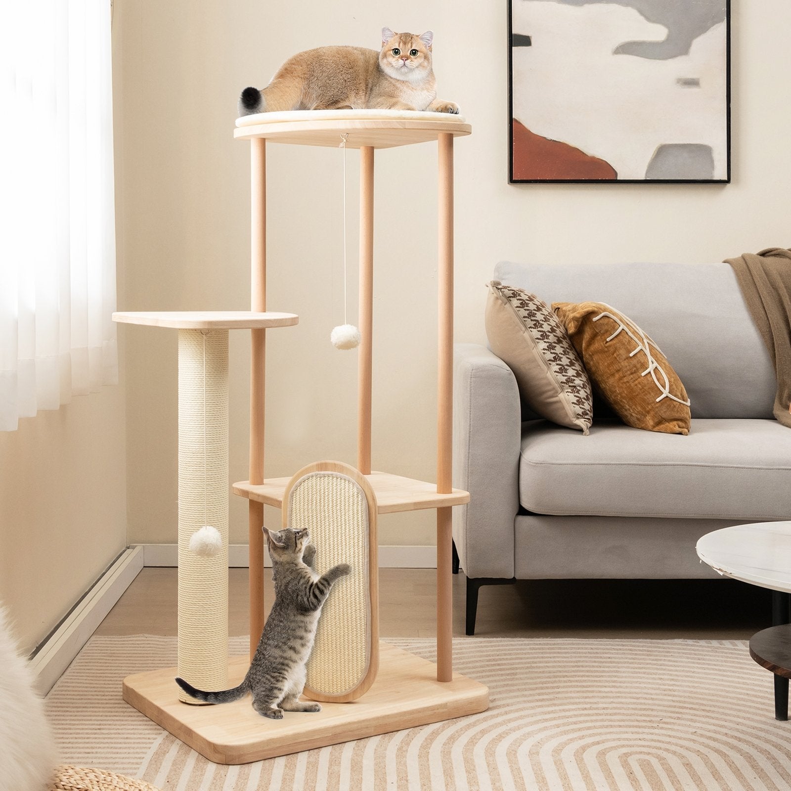 Wooden Multi-level Modern Cat Tower with Scratching Board and Post-44 inches, Beige Cat Trees Condos & Scratchers   at Gallery Canada