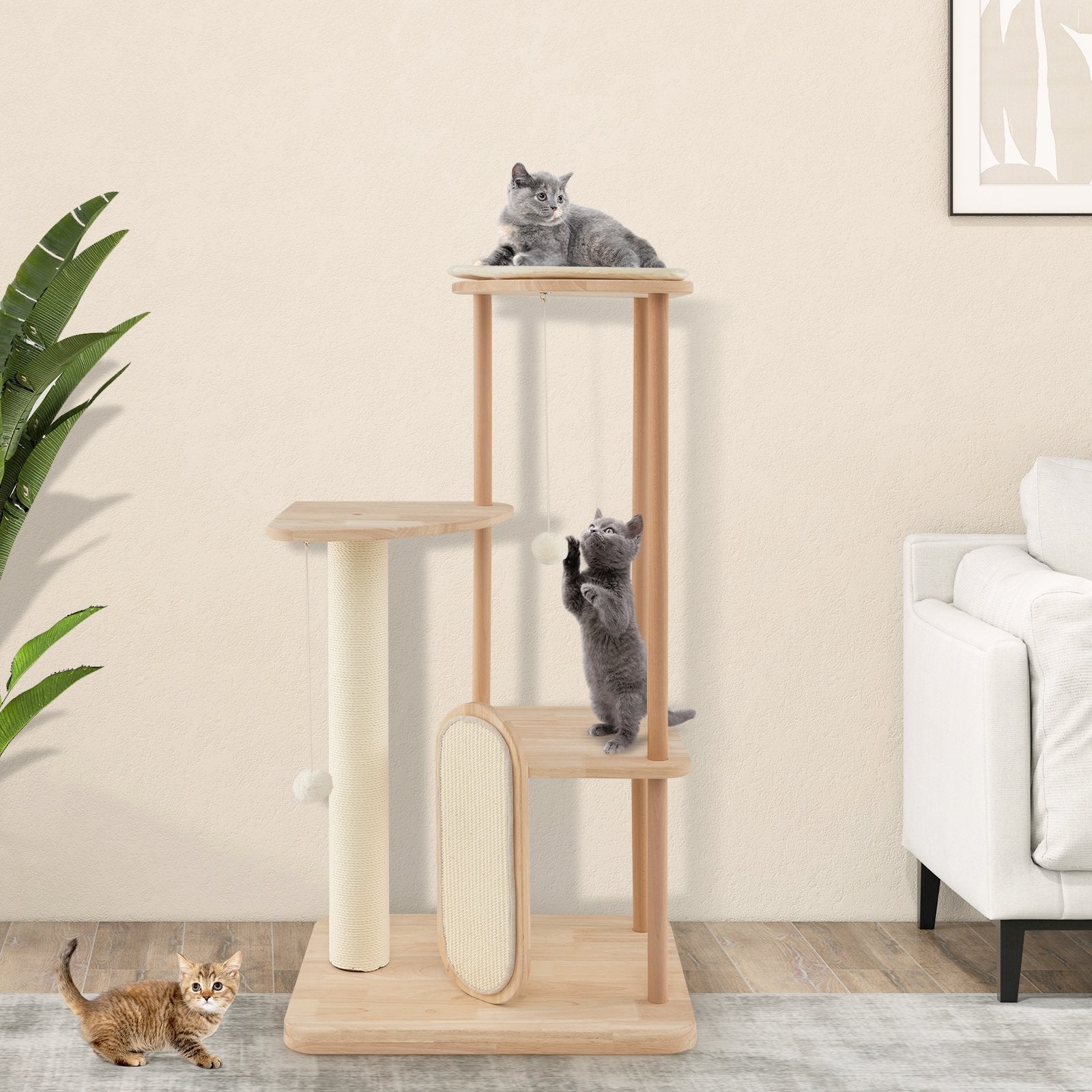 Wooden Multi-level Modern Cat Tower with Scratching Board and Post-44 inches, Beige Cat Trees Condos & Scratchers   at Gallery Canada