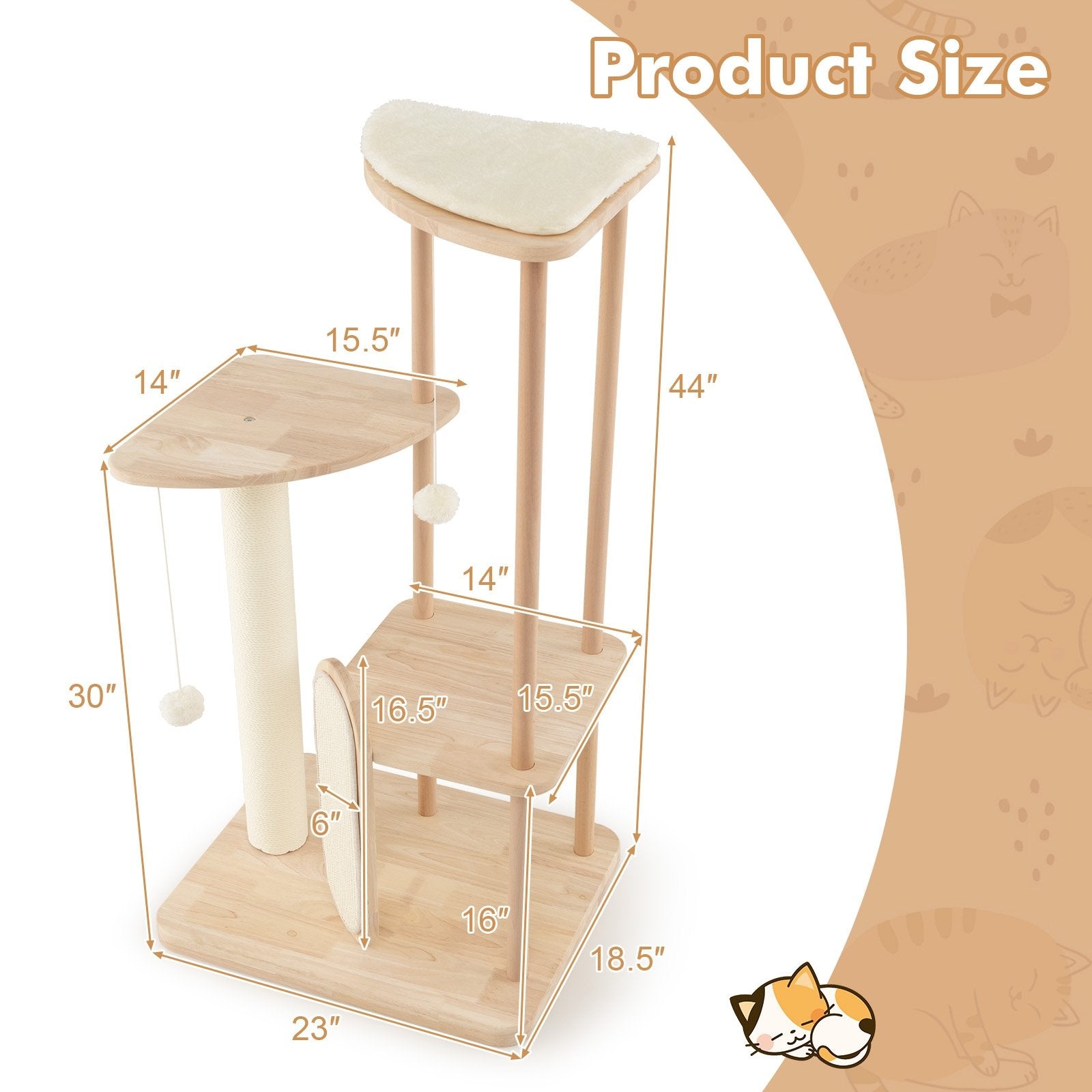 Wooden Multi-level Modern Cat Tower with Scratching Board and Post-44 inches, Beige Cat Trees Condos & Scratchers   at Gallery Canada