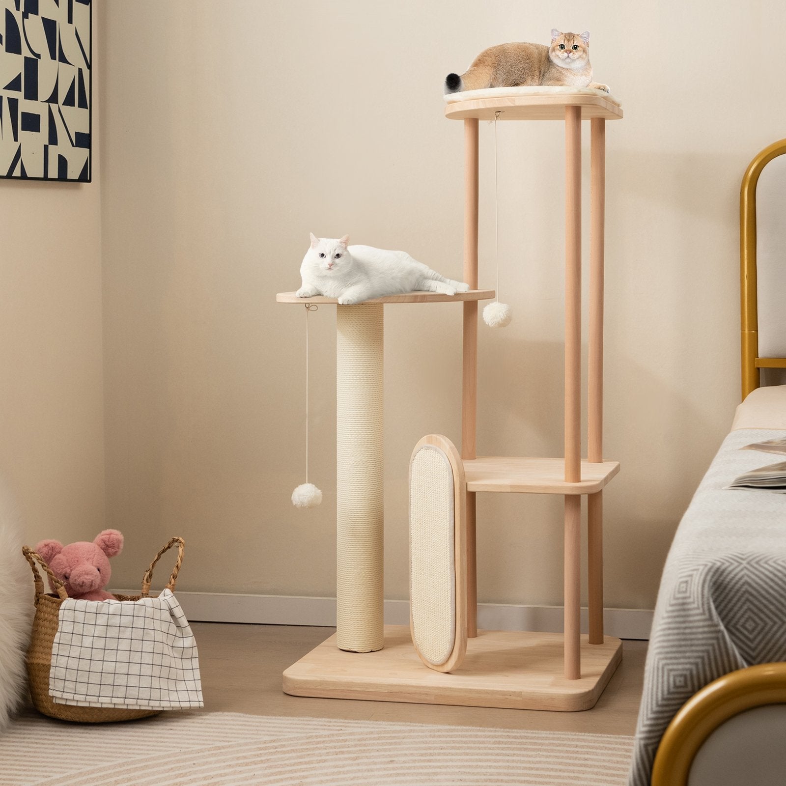 Wooden Multi-level Modern Cat Tower with Scratching Board and Post-44 inches, Beige Cat Trees Condos & Scratchers   at Gallery Canada