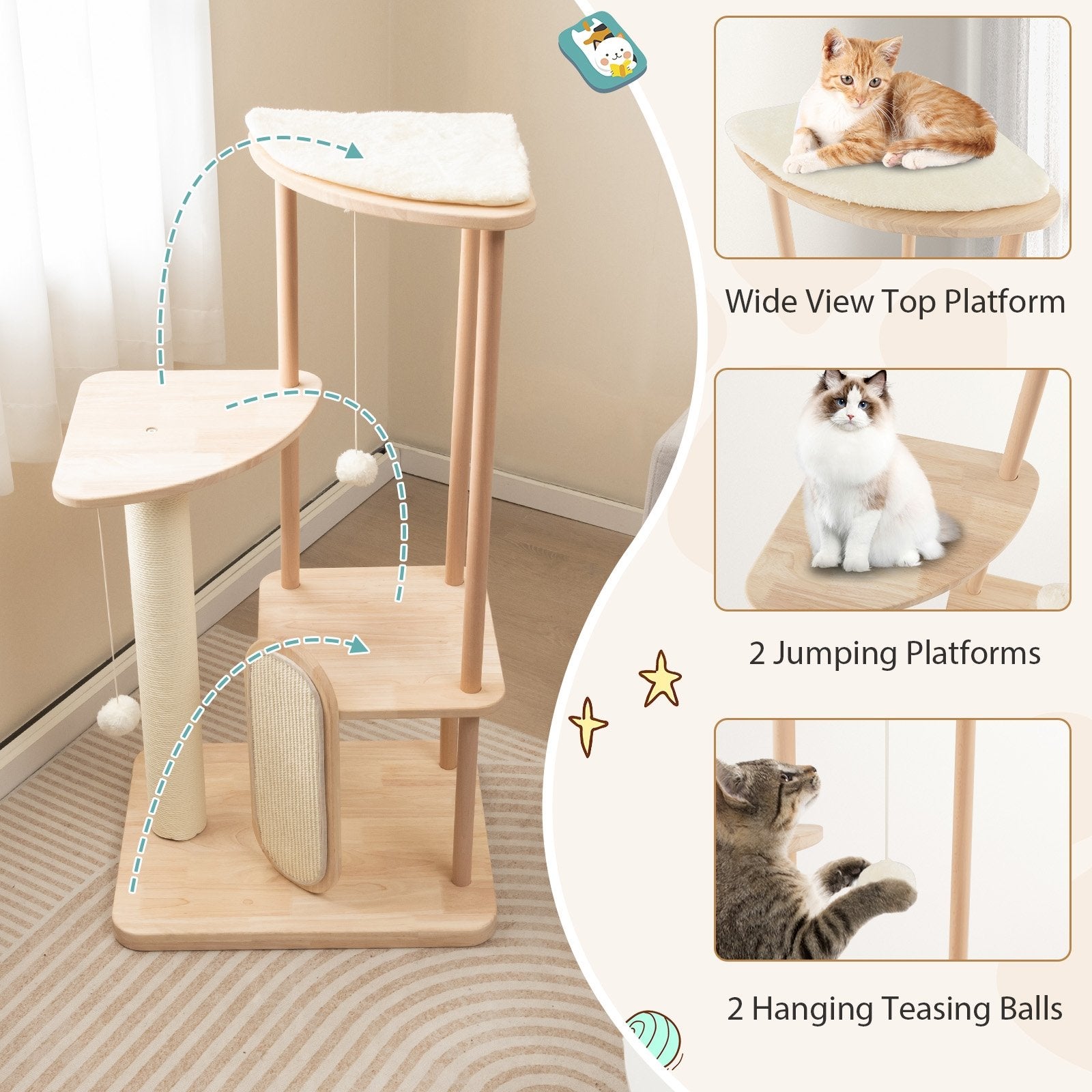 Wooden Multi-level Modern Cat Tower with Scratching Board and Post-44 inches, Beige Cat Trees Condos & Scratchers   at Gallery Canada