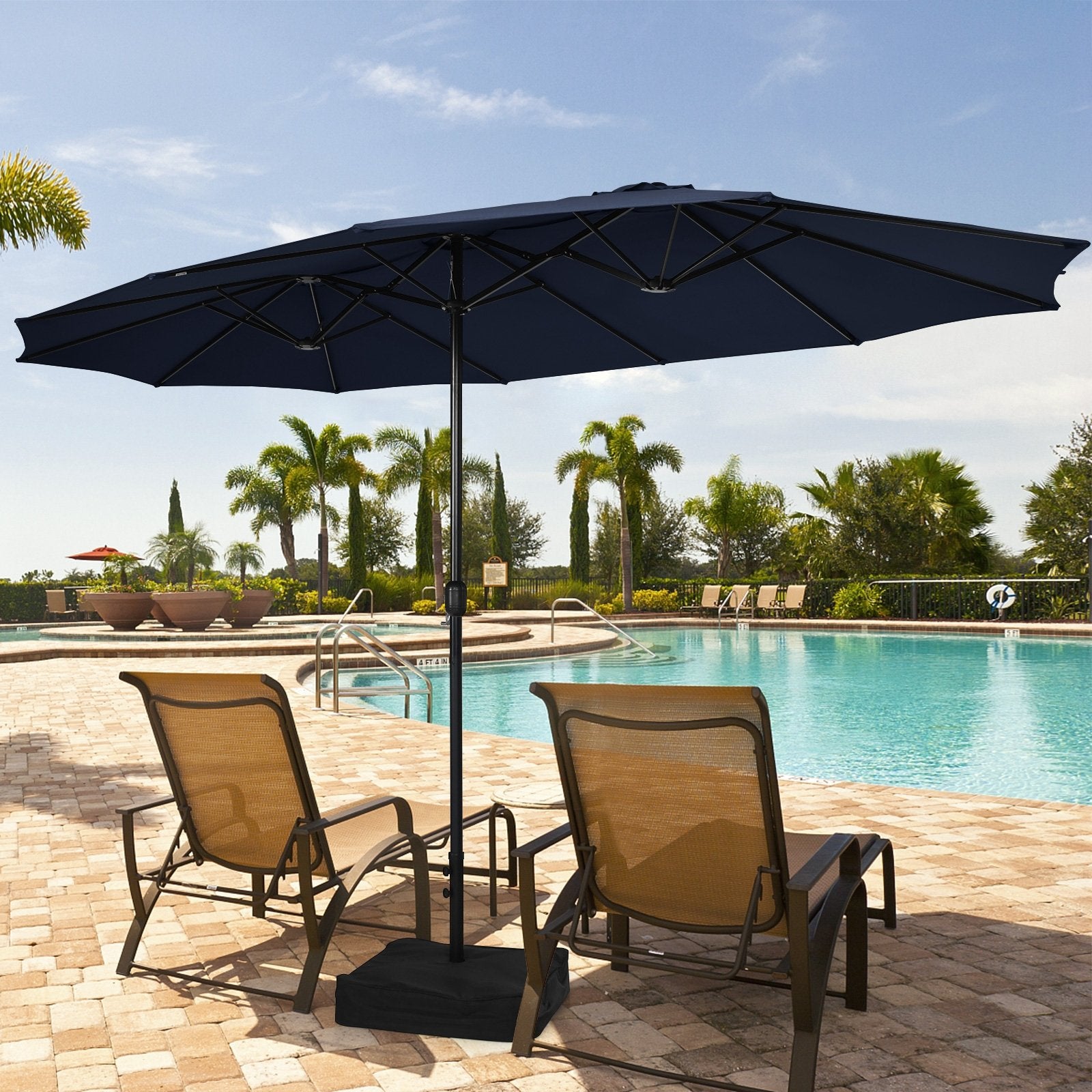 15 Feet Double-Sided Twin Patio Umbrella with Crank and Base, Navy Outdoor Umbrellas   at Gallery Canada