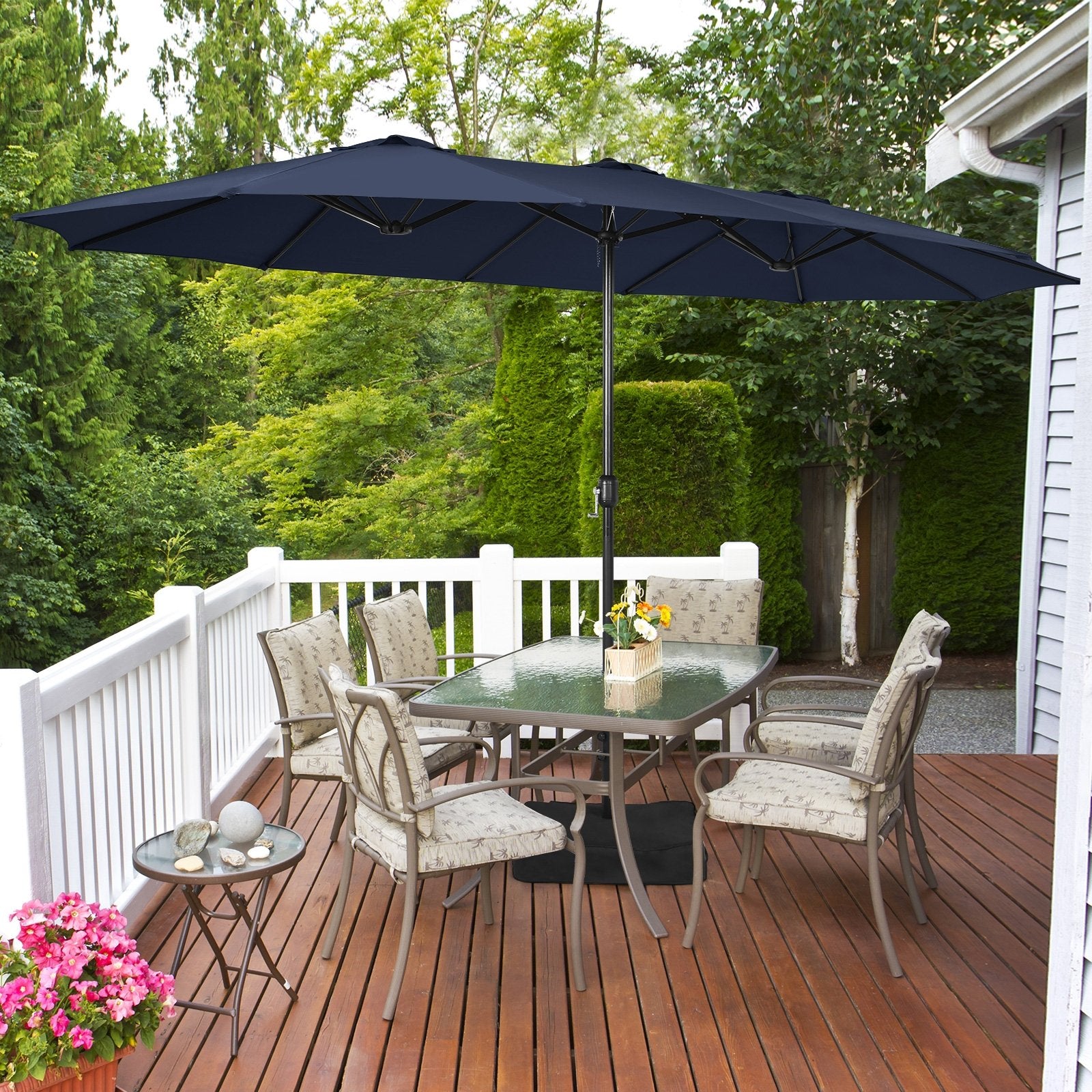 15 Feet Double-Sided Twin Patio Umbrella with Crank and Base, Navy Outdoor Umbrellas   at Gallery Canada