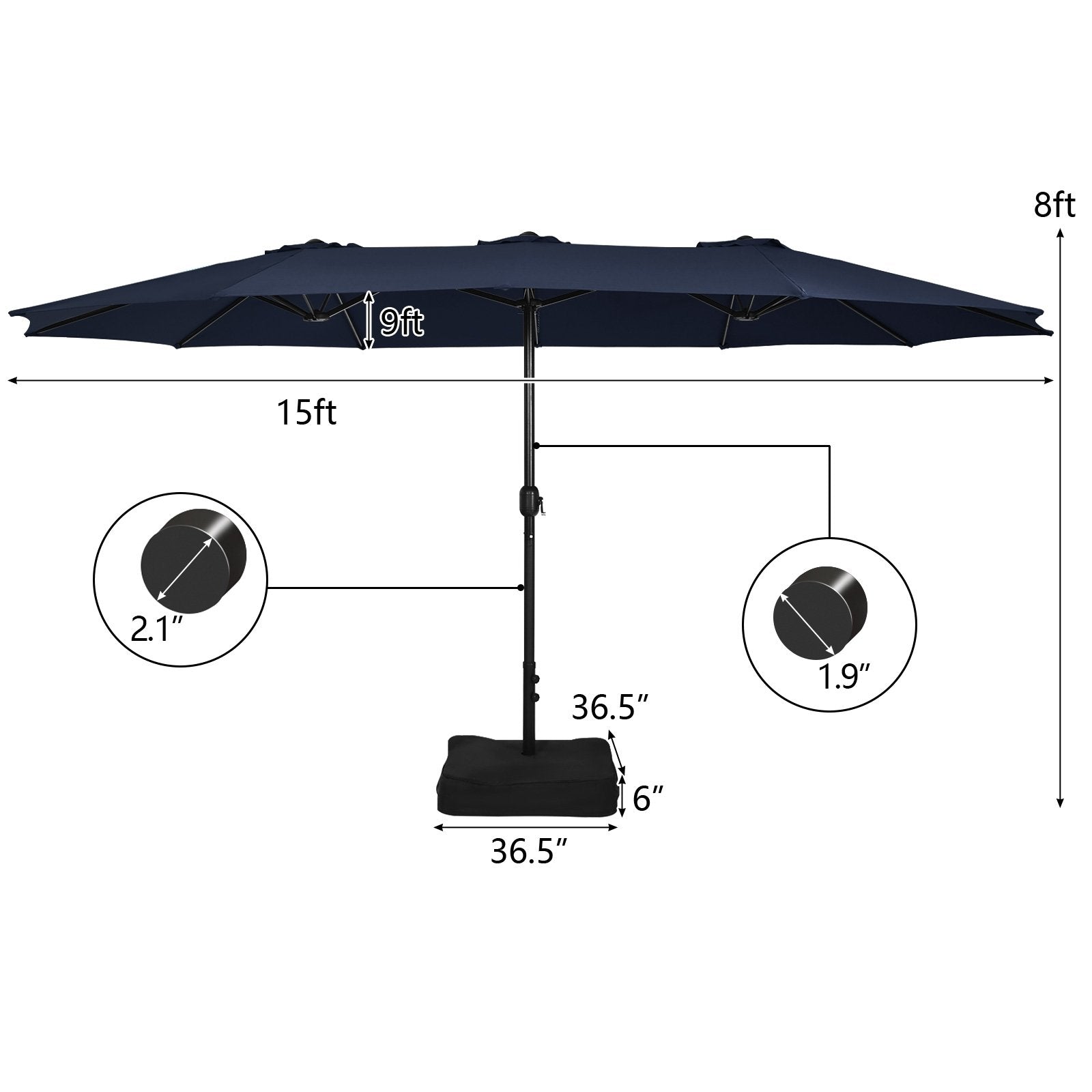 15 Feet Double-Sided Twin Patio Umbrella with Crank and Base, Navy Outdoor Umbrellas   at Gallery Canada