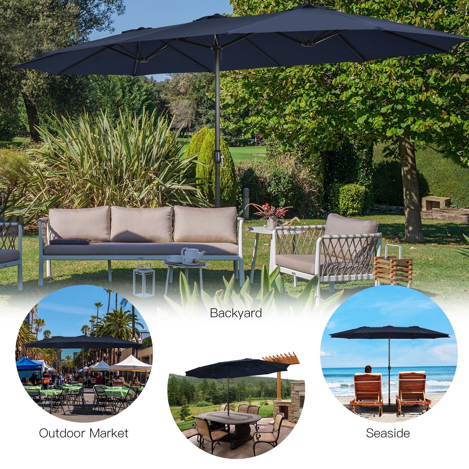 15 Feet Double-Sided Twin Patio Umbrella with Crank and Base, Navy Outdoor Umbrellas   at Gallery Canada