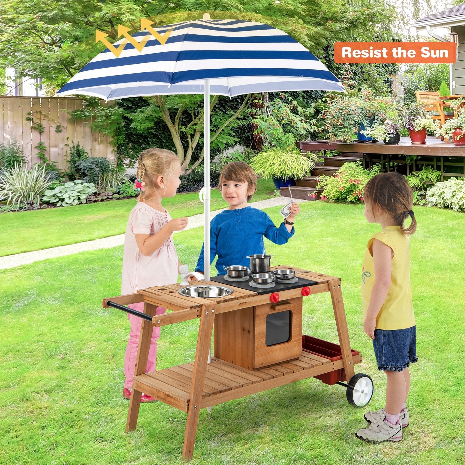 Wooden Play Cart with Sun Proof Umbrella for Toddlers Over 3 Years Old, Blue Pretend Toys   at Gallery Canada