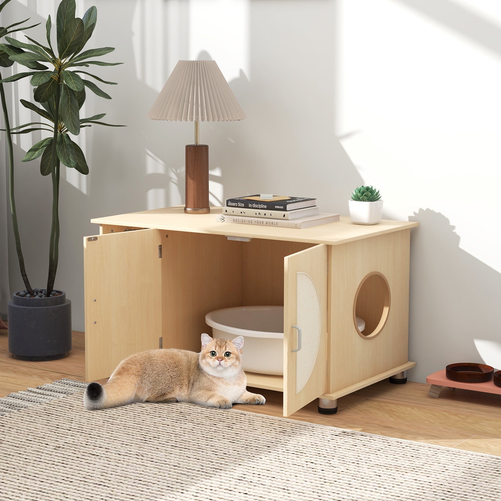 Cat Litter Box Enclosure with Sisal Scratching Doors and Adjustable Metal Feet, Natural Cat Houses at Gallery Canada