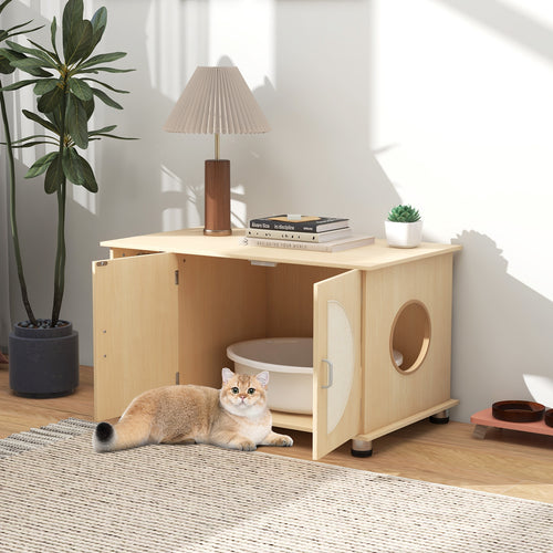 Cat Litter Box Enclosure with Sisal Scratching Doors and Adjustable Metal Feet, Natural