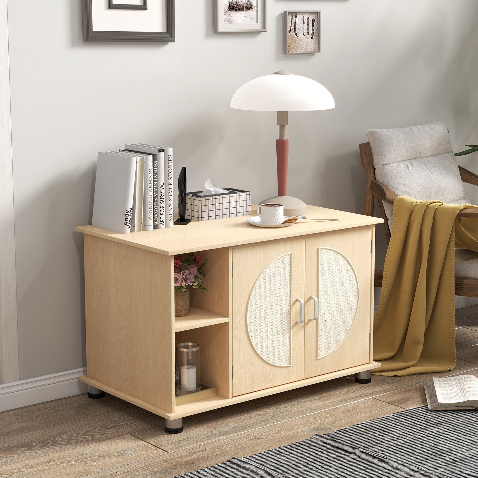 Cat Litter Box Enclosure with Sisal Scratching Doors and Adjustable Metal Feet, Natural Cat Houses   at Gallery Canada