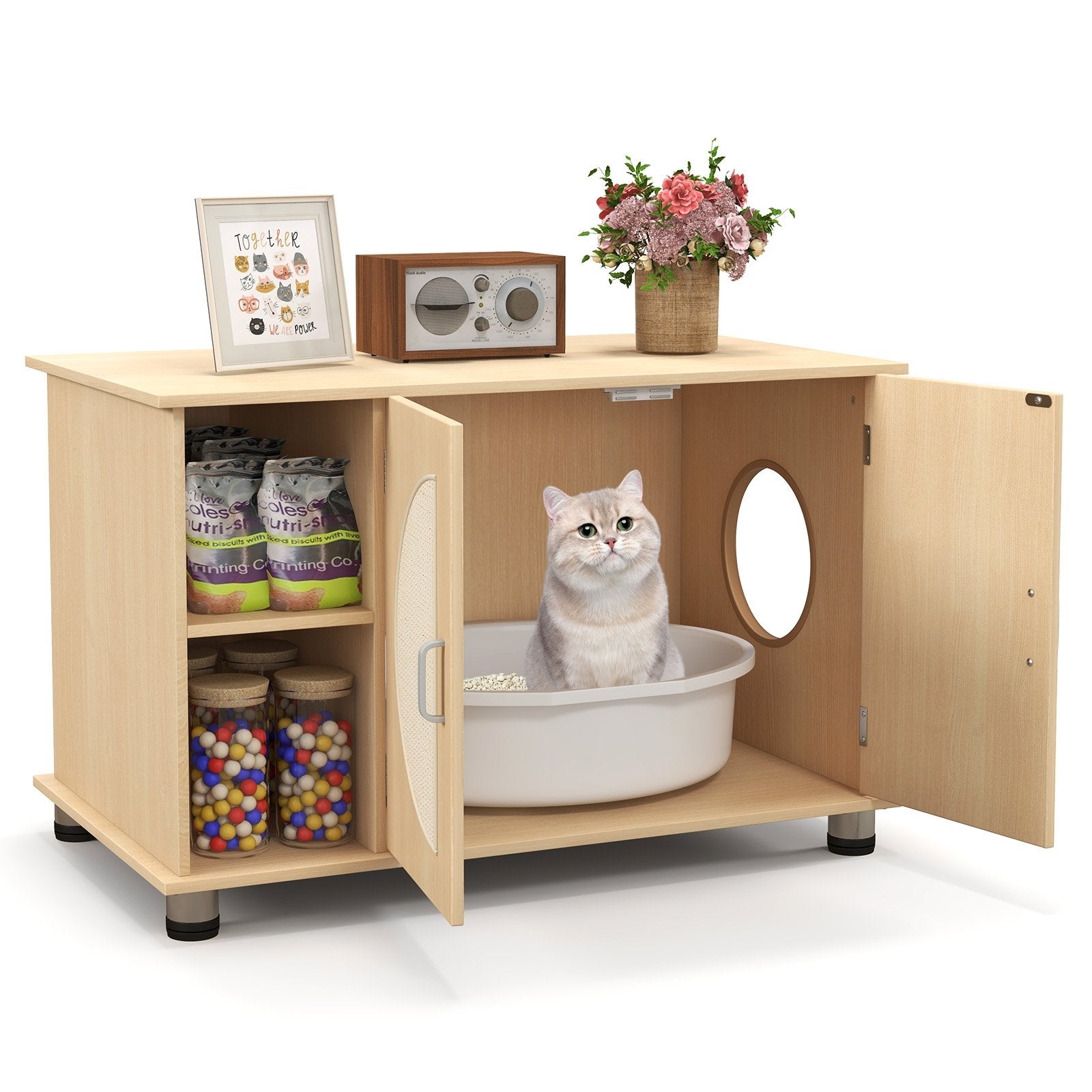 Cat Litter Box Enclosure with Sisal Scratching Doors and Adjustable Metal Feet, Natural Cat Houses   at Gallery Canada