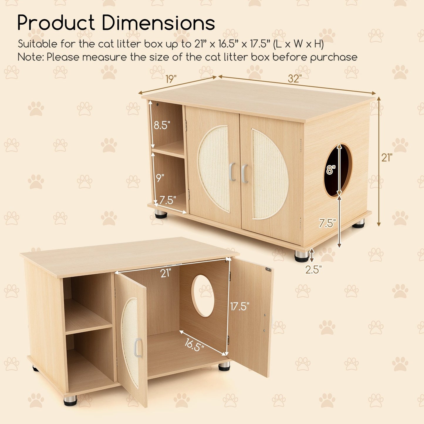 Cat Litter Box Enclosure with Sisal Scratching Doors and Adjustable Metal Feet, Natural Cat Houses   at Gallery Canada