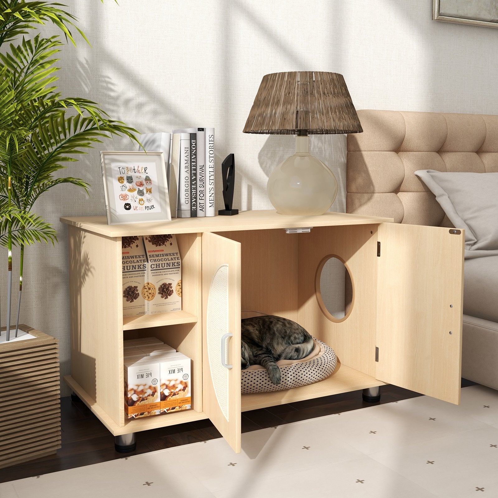 Cat Litter Box Enclosure with Sisal Scratching Doors and Adjustable Metal Feet, Natural Cat Houses   at Gallery Canada