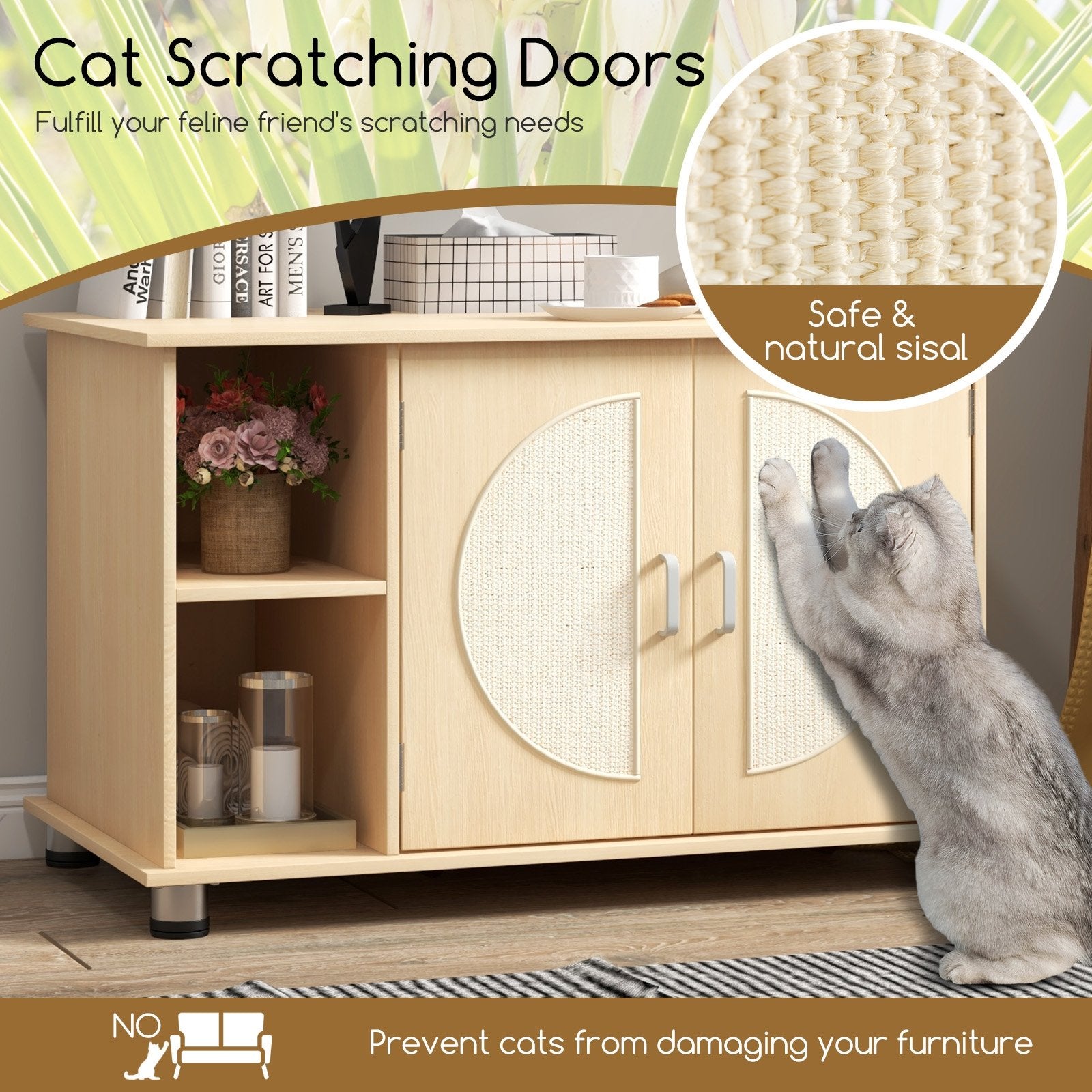 Cat Litter Box Enclosure with Sisal Scratching Doors and Adjustable Metal Feet, Natural Cat Houses   at Gallery Canada