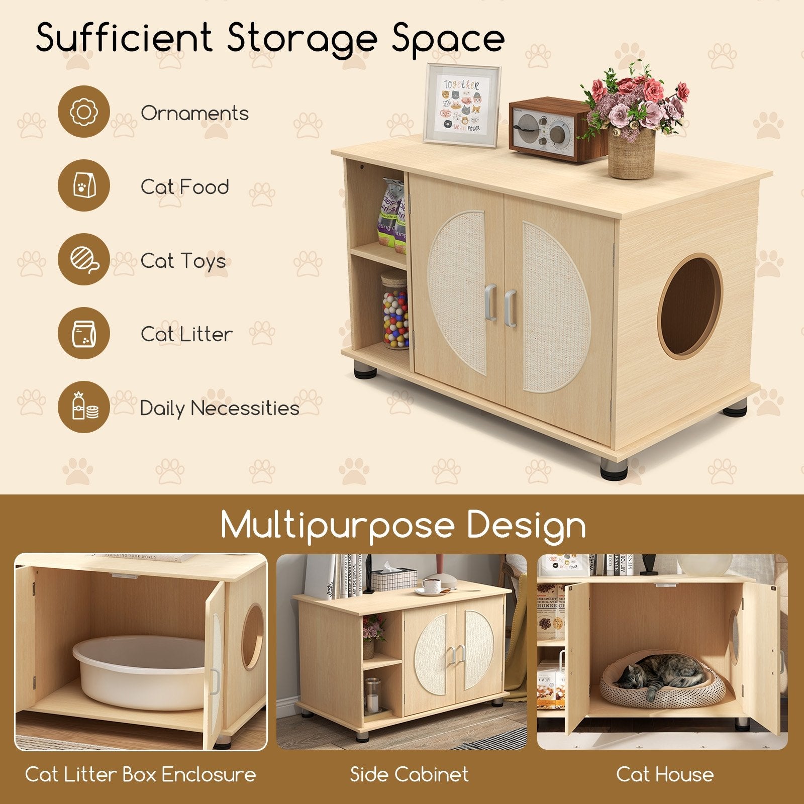 Cat Litter Box Enclosure with Sisal Scratching Doors and Adjustable Metal Feet, Natural Cat Houses   at Gallery Canada