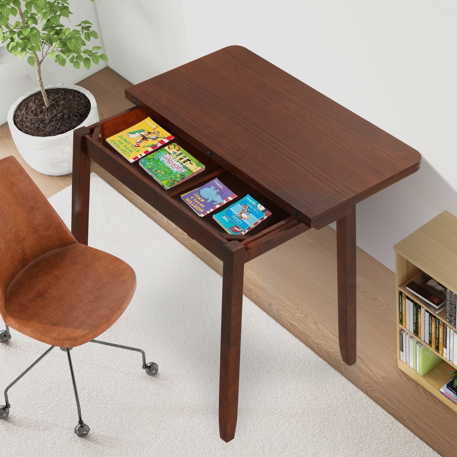 Mid Century Folding Dining Table for 4 People Extendable Kitchen Table with Hidden Storage, Brown Dining Tables   at Gallery Canada