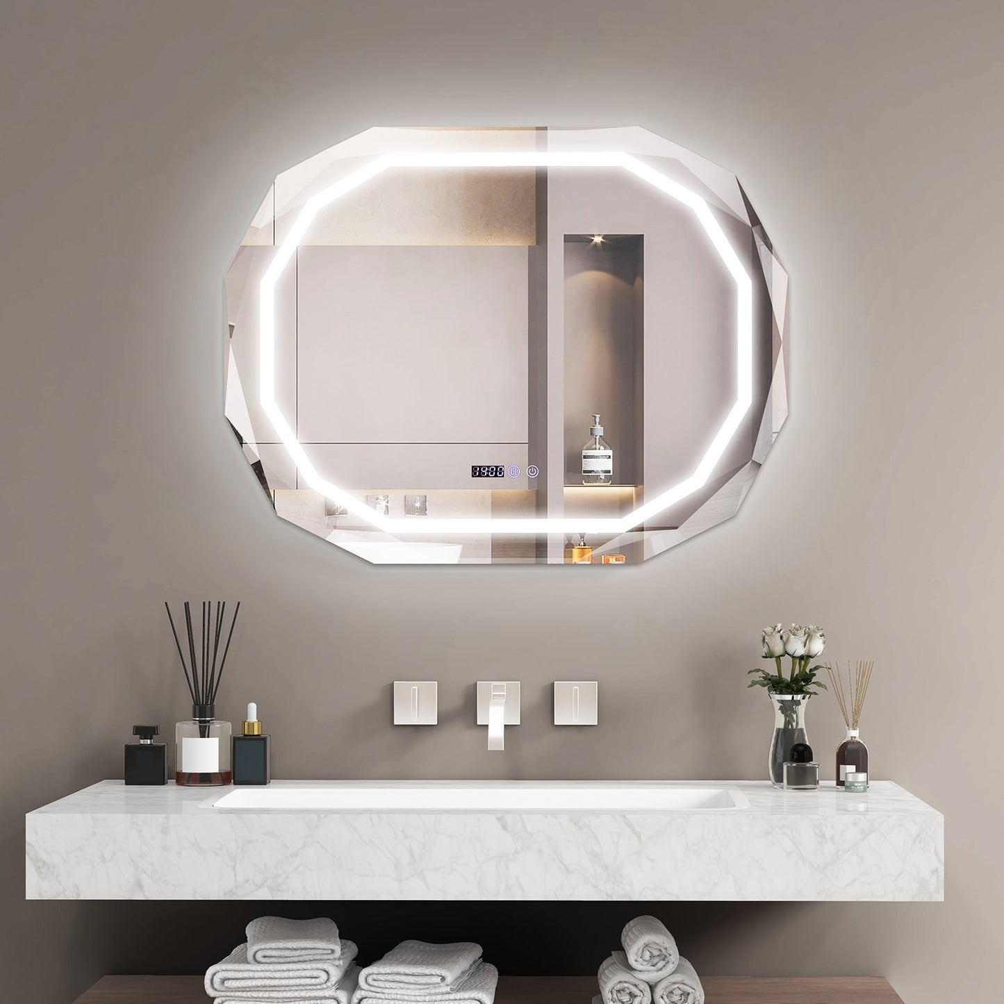 Anti-Fog Bathroom Mirror with 3 Color LED Light Memory Function, White Wall Mirrors   at Gallery Canada