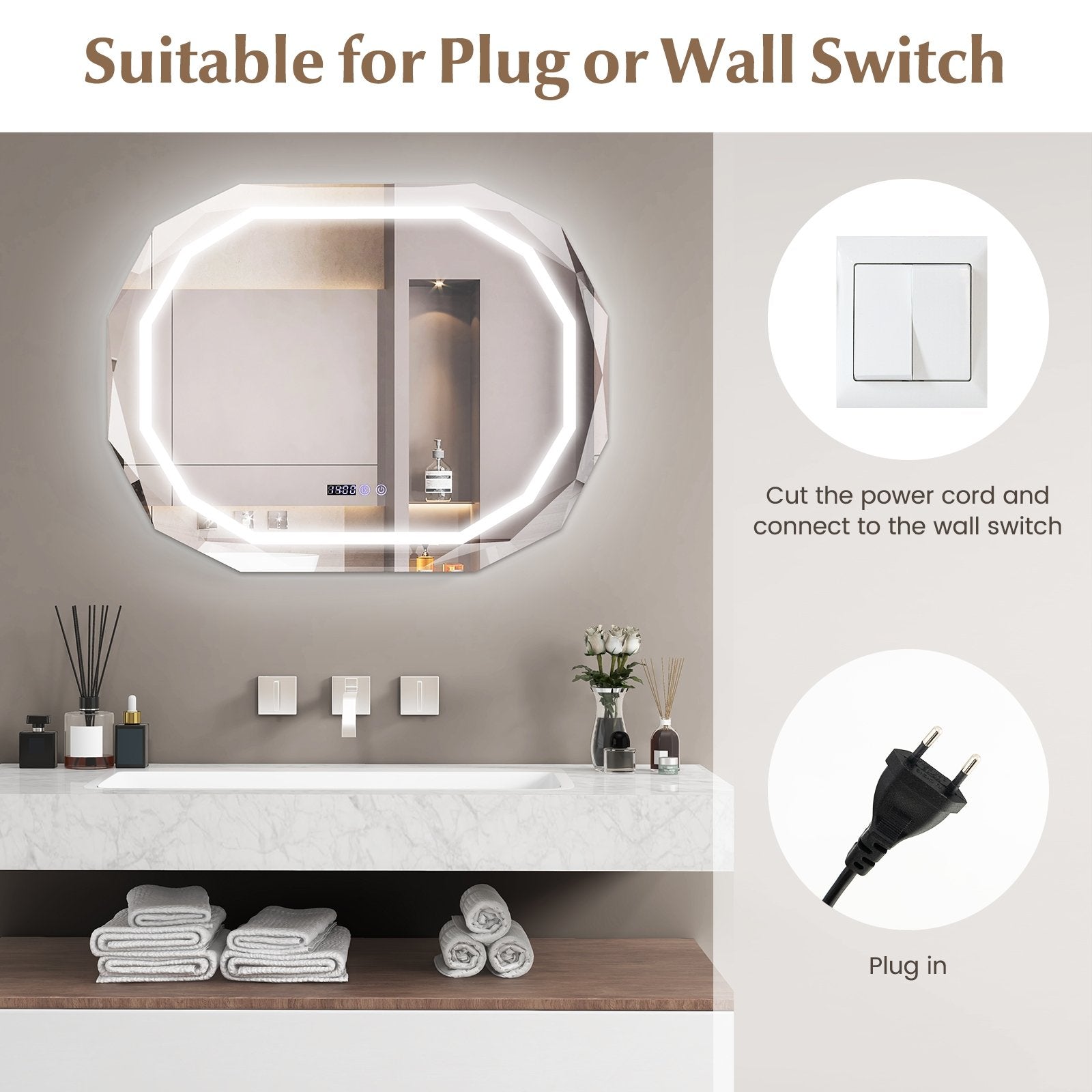 Anti-Fog Bathroom Mirror with 3 Color LED Light Memory Function, White Wall Mirrors   at Gallery Canada