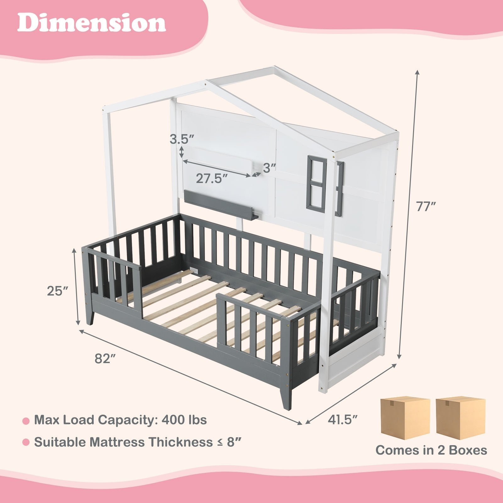 Twin Wood House Bed Montessori Floor Bed with 2 Shelves and Guardrails, Gray & White Toddler Beds   at Gallery Canada