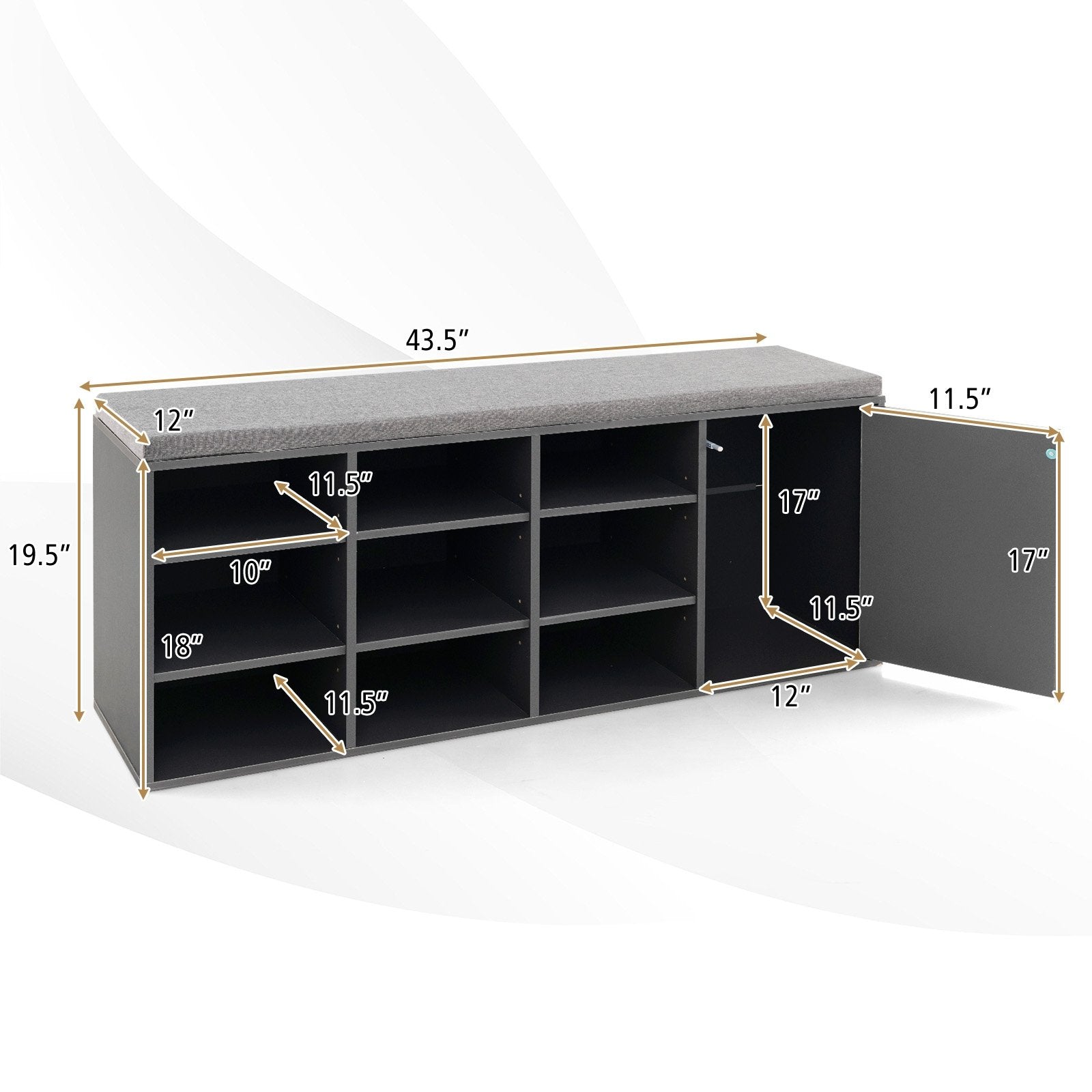 9-cube Shoe Bench with Adjustable Shelves and Removable Padded Cushion, Gray Shoe Racks & Storage Benches   at Gallery Canada