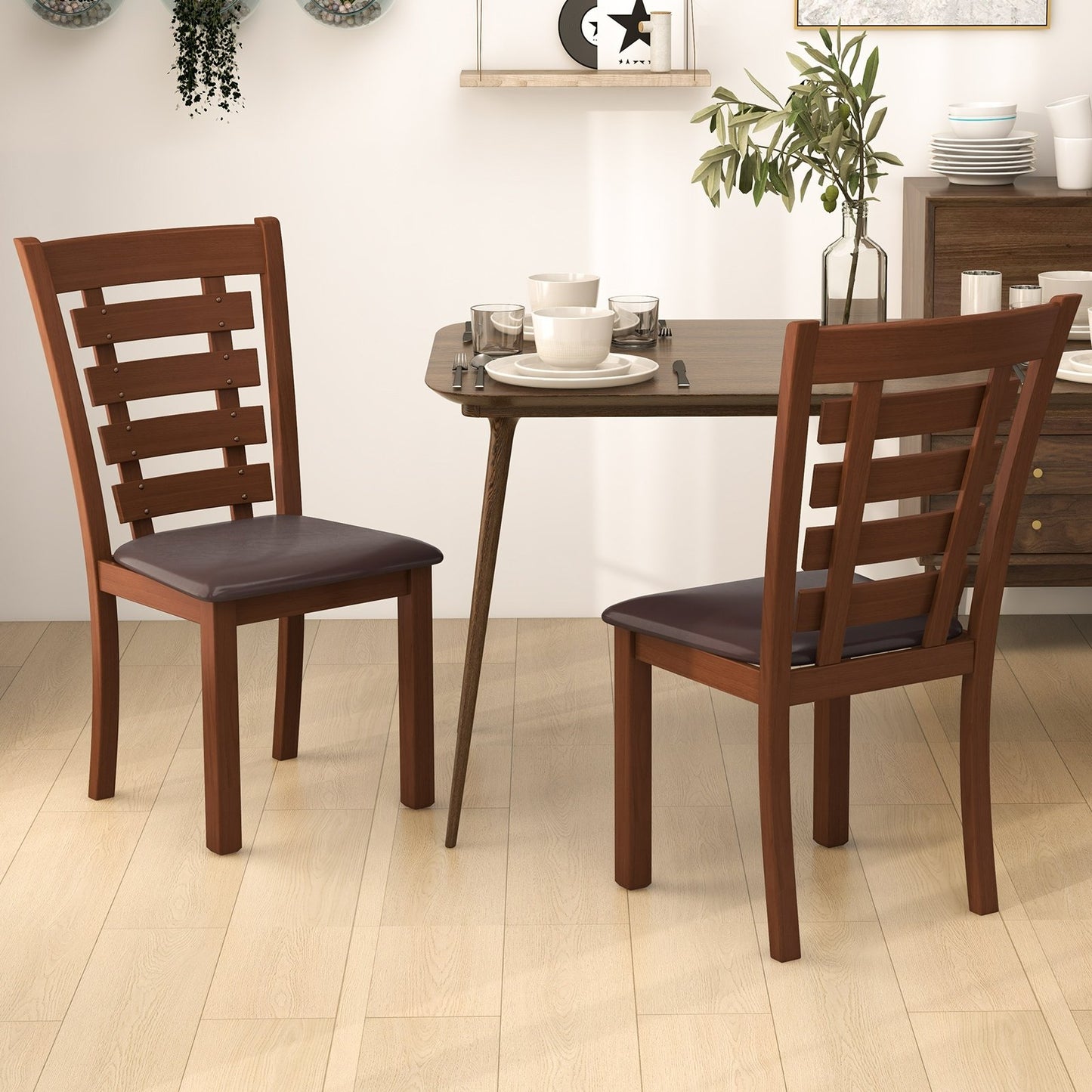 Wooden Dining Chairs Set of 2 with Upholstered Seat and Rubber Wood Frame, Brown Dining Chairs   at Gallery Canada