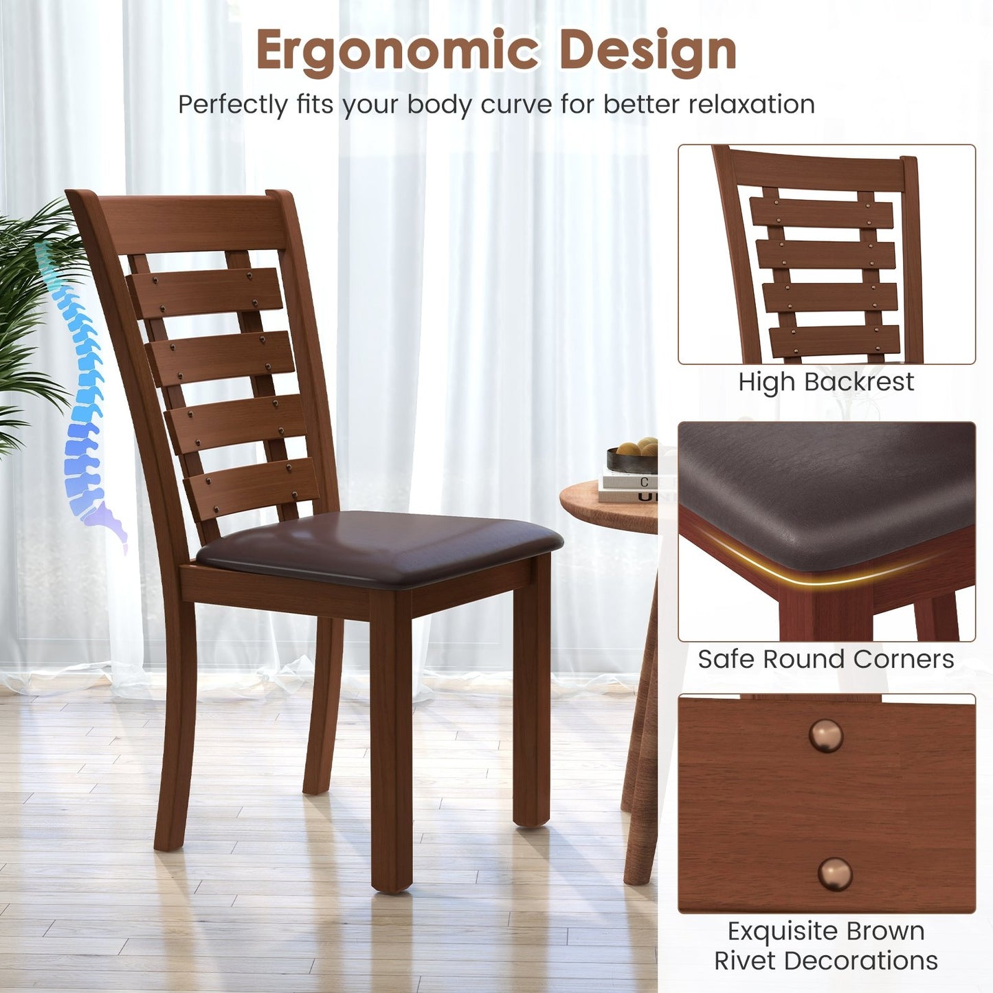 Wooden Dining Chairs Set of 2 with Upholstered Seat and Rubber Wood Frame, Brown Dining Chairs   at Gallery Canada