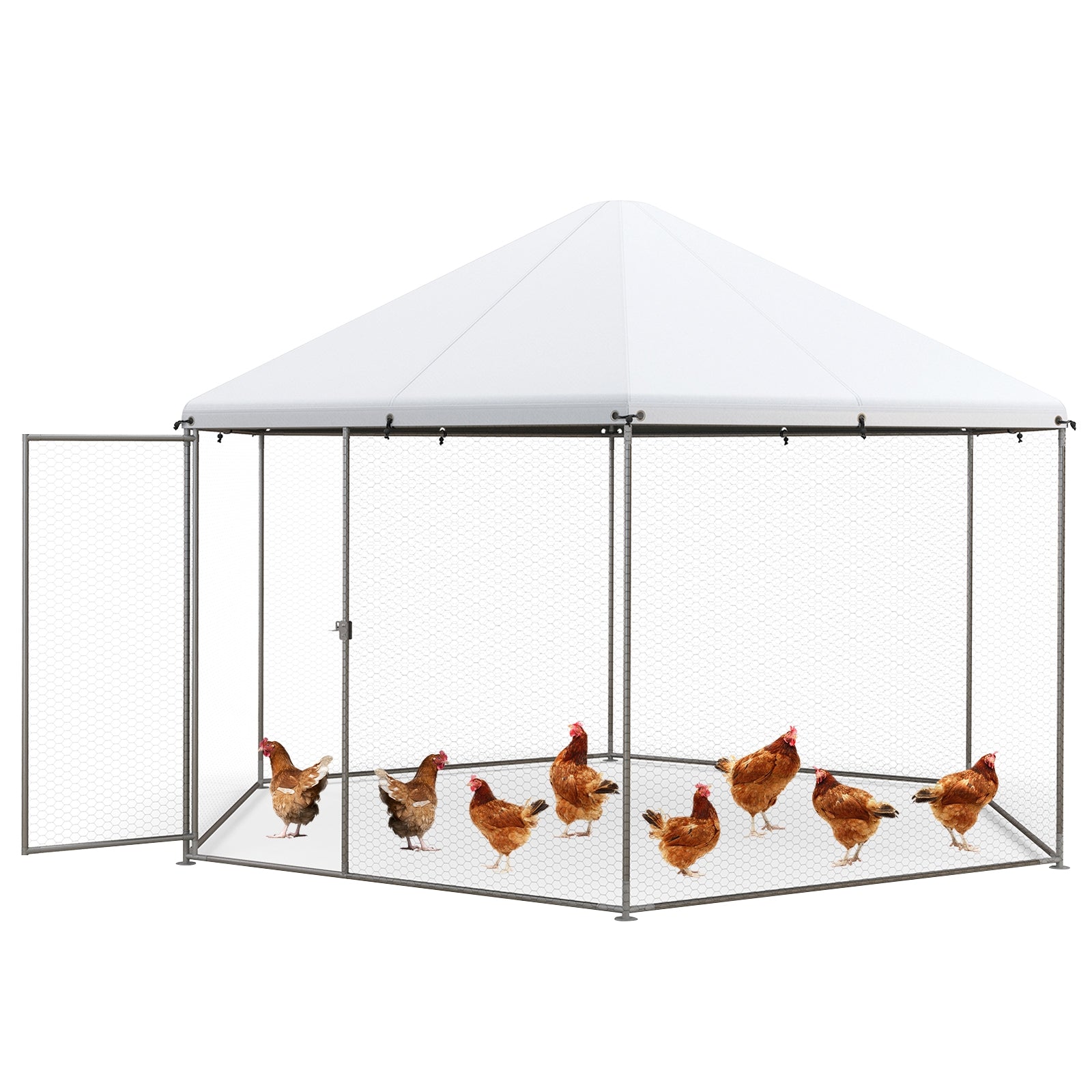 13FT Large Metal Hexagonal Chicken Coop with Wire Mesh and Lockable Door, Silver Chicken Coops at Gallery Canada