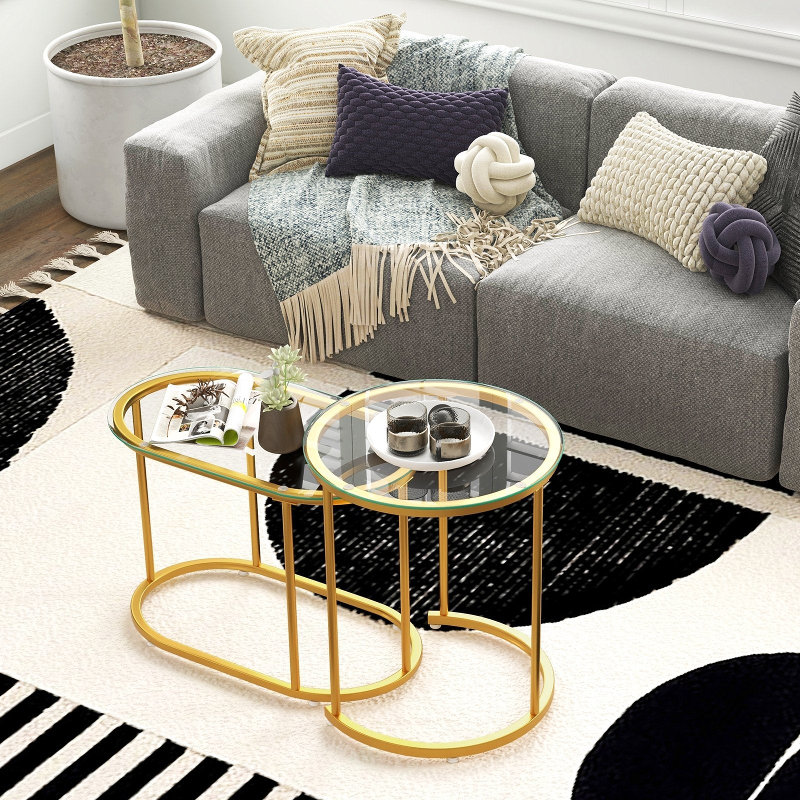 Nesting Coffee Table Set of 2 with Tempered Glass Tabletop, Golden Coffee Tables   at Gallery Canada